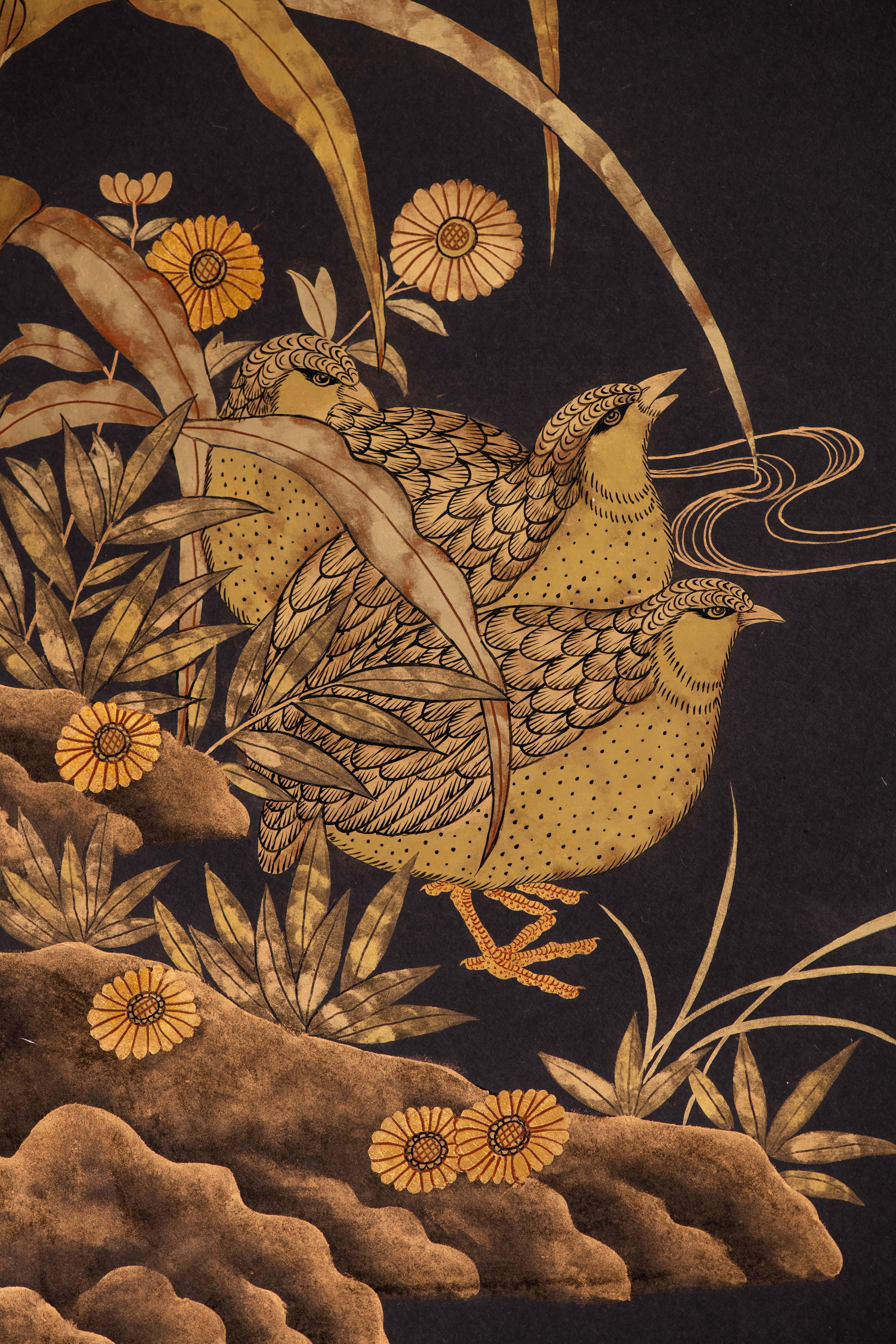 Contemporary Pair Chinoiserie Hand-Painted Wallpaper Panels of Golden Grouse in Grasses For Sale