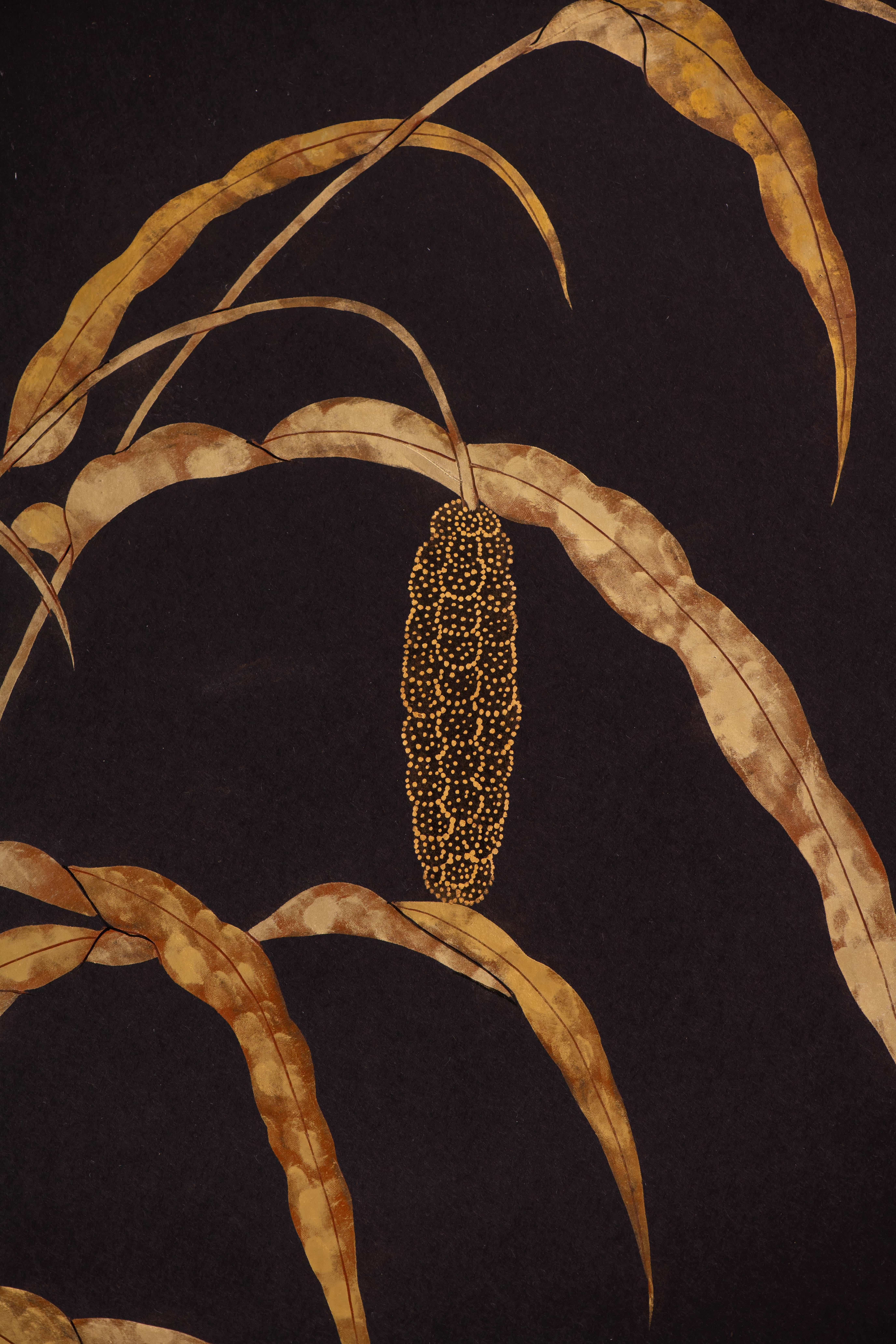 XXIe siècle et contemporain Paire de panneaux de papier peints à la main de style chinoiseries - Golden Grouse in Grasses  en vente
