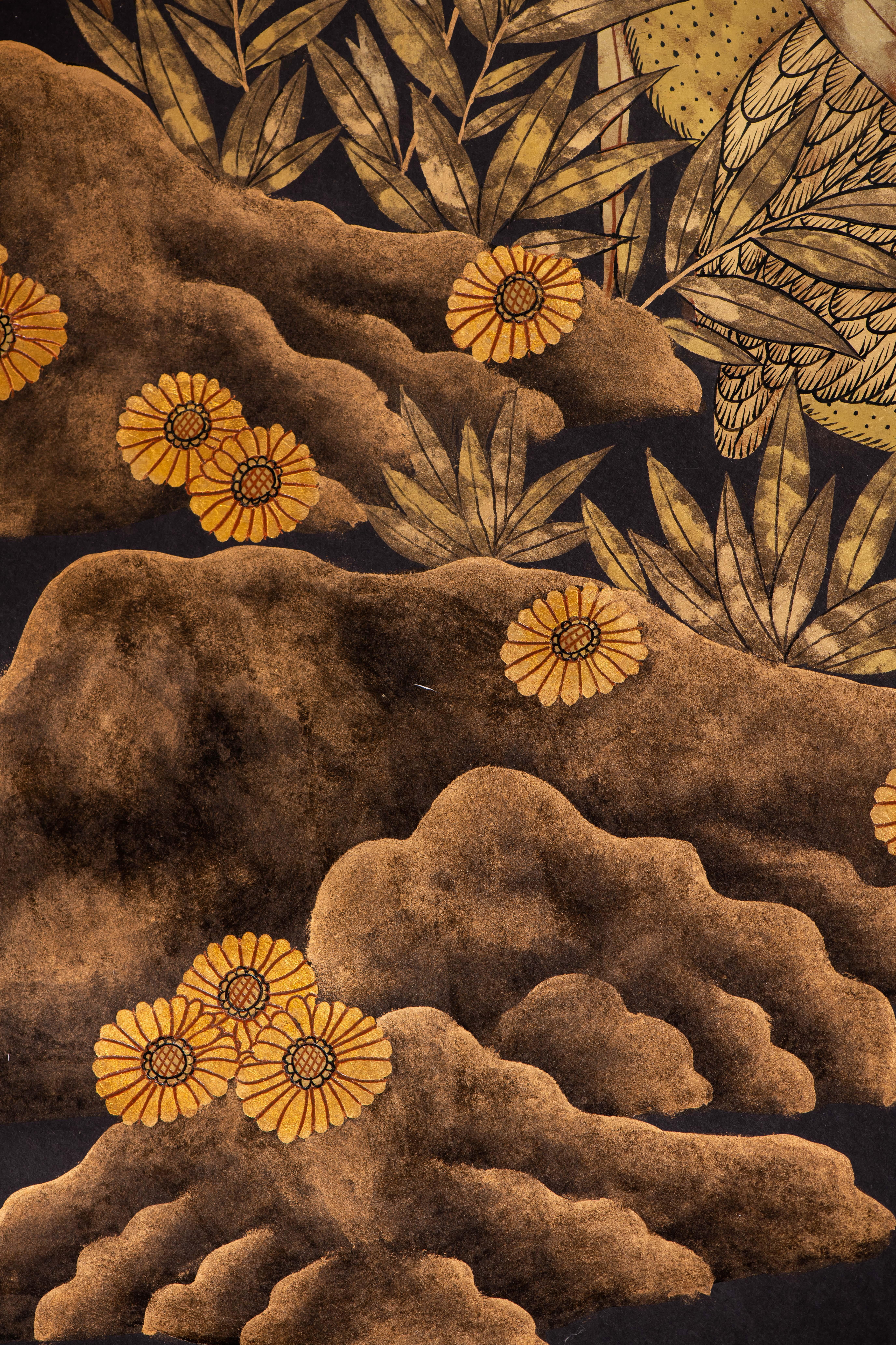 Papier Paire de panneaux de papier peints à la main de style chinoiseries - Golden Grouse in Grasses  en vente