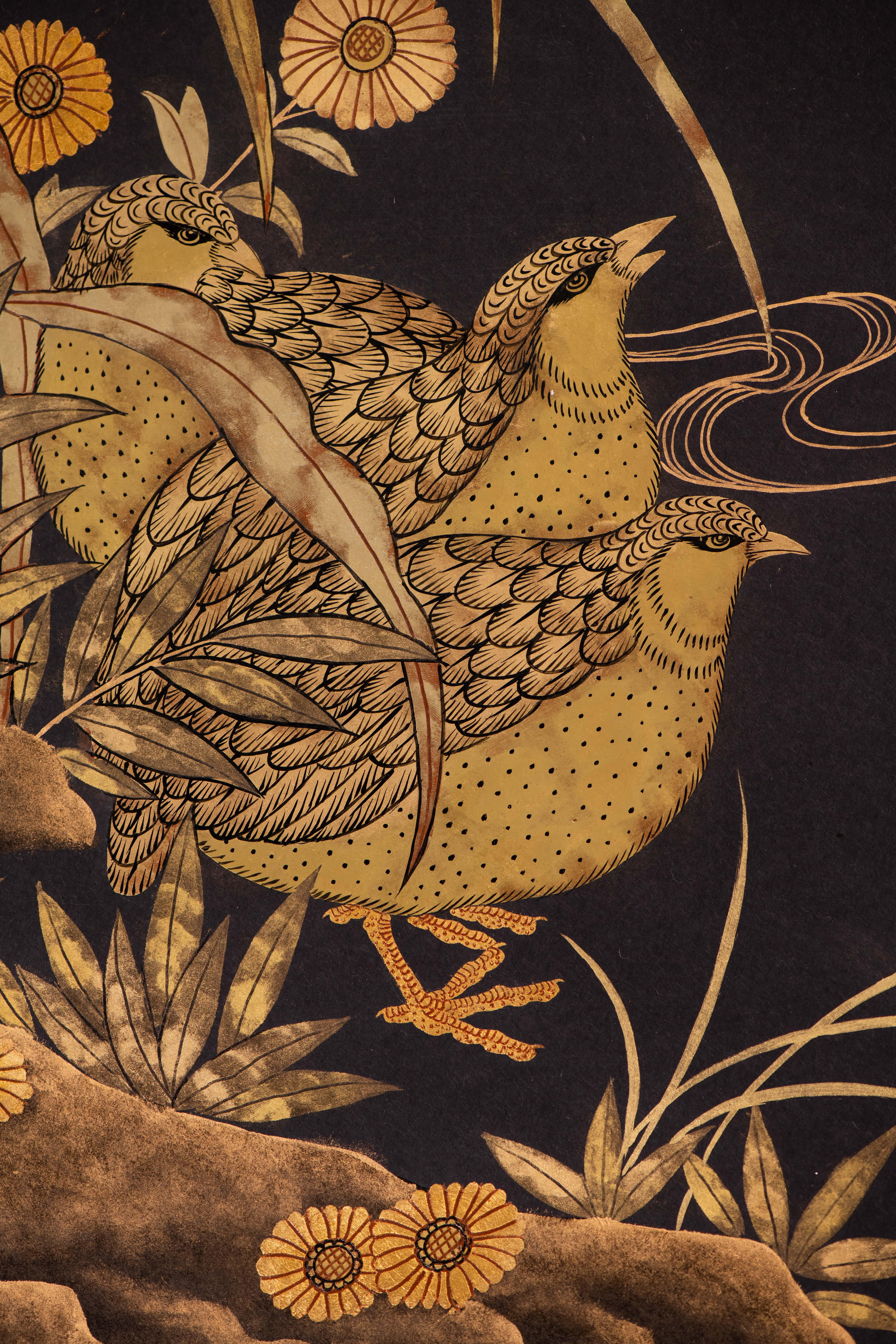 Paire de panneaux de papier peints à la main de style chinoiseries - Golden Grouse in Grasses  en vente 1