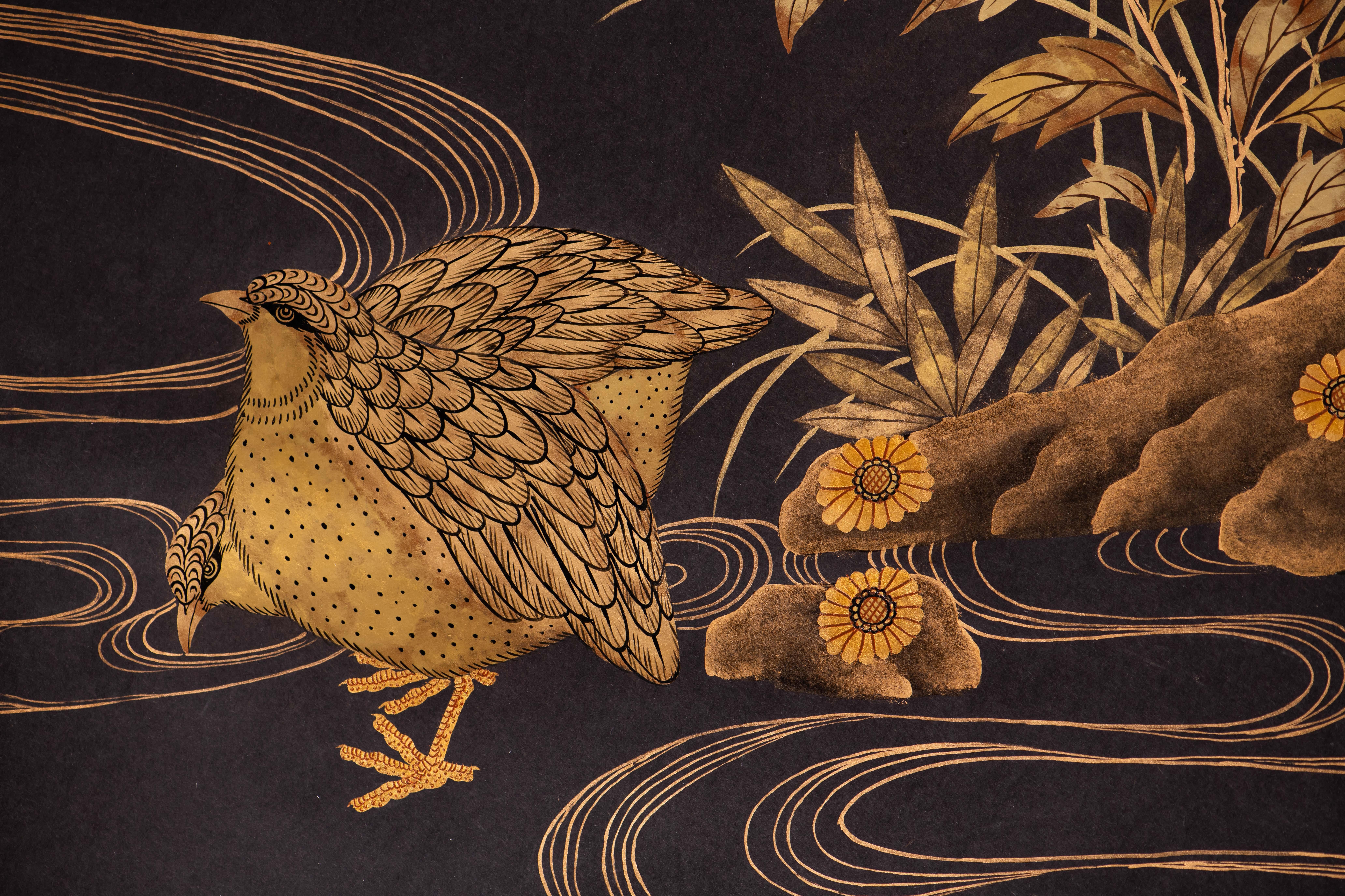 Paire de panneaux de papier peints à la main de style chinoiseries - Golden Grouse in Grasses  en vente 2