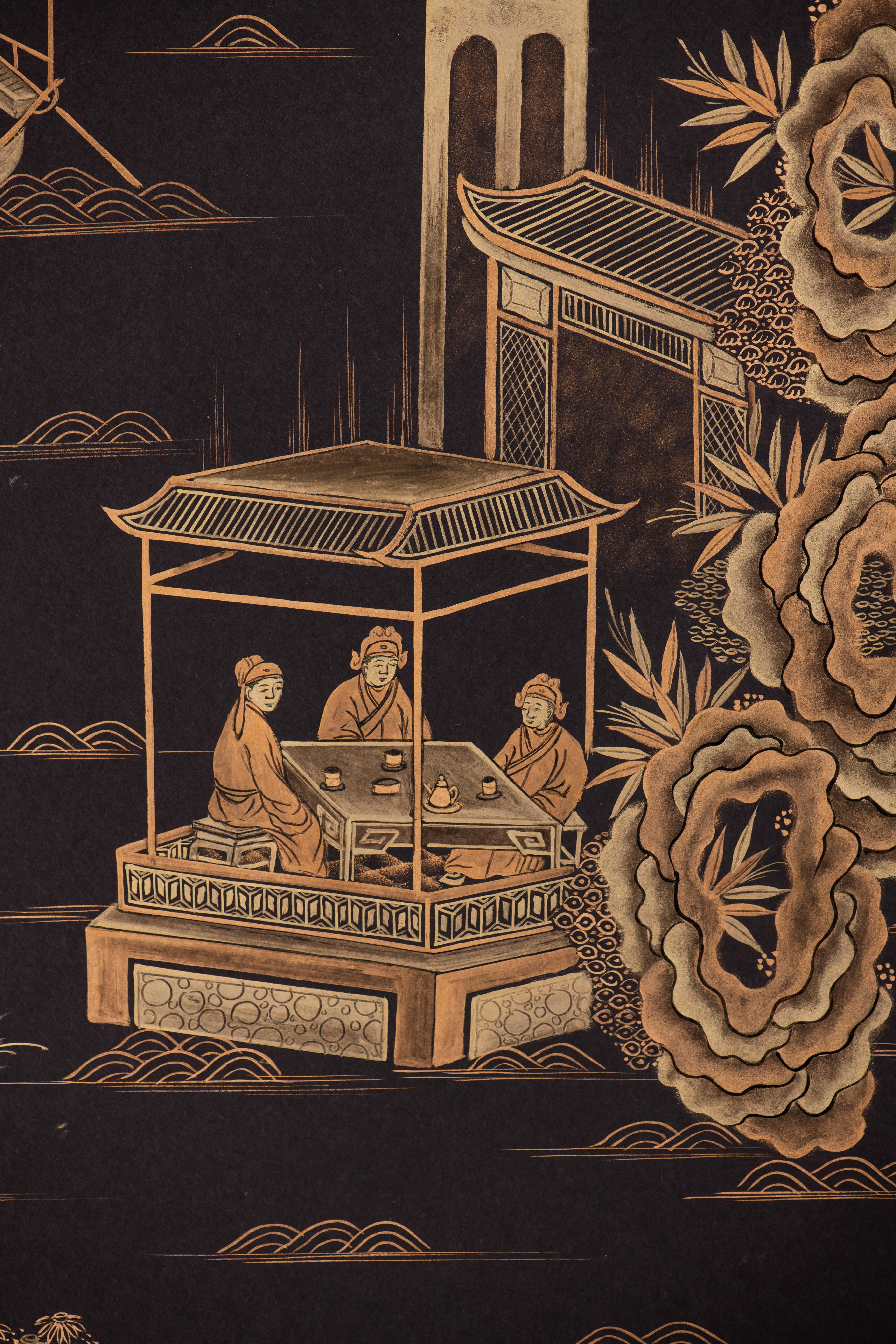 Paper Pair Chinoiserie Hand Painted Wallpaper Panels of Golden Pavilions on Black