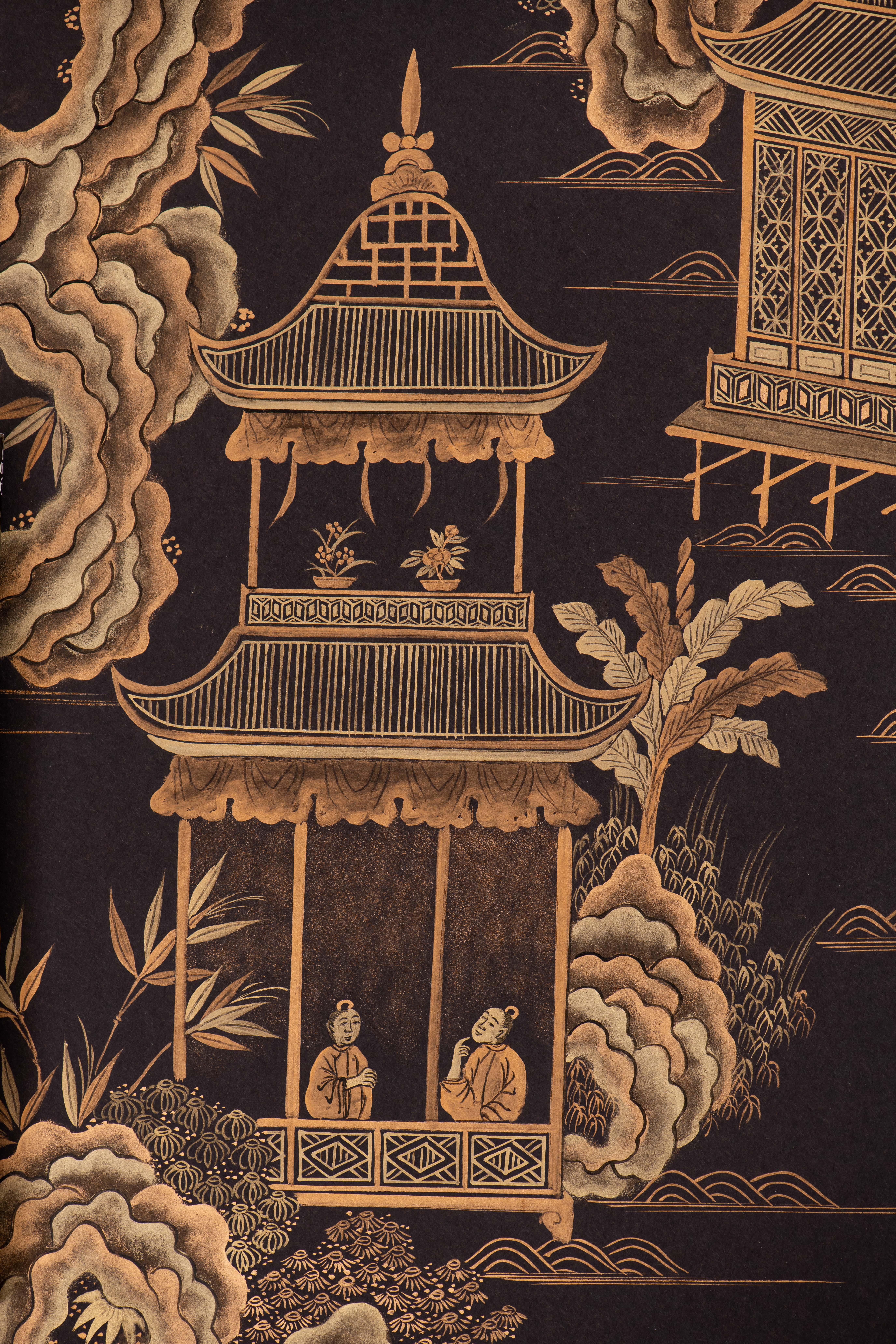 Pair Chinoiserie Hand Painted Wallpaper Panels of Golden Pavilions on Black 2