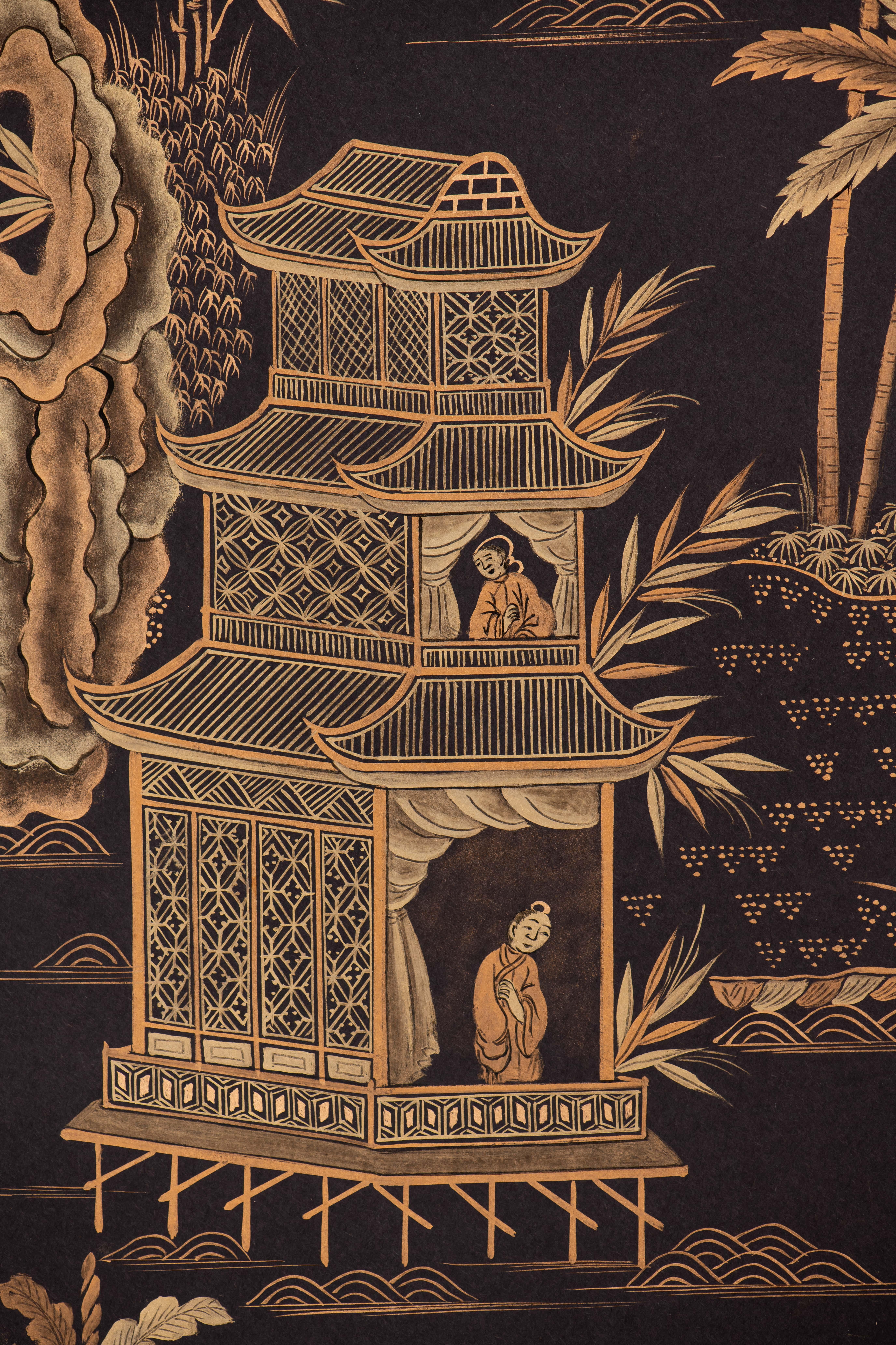 Pair Chinoiserie Hand Painted Wallpaper Panels of Golden Pavilions on Black For Sale 3