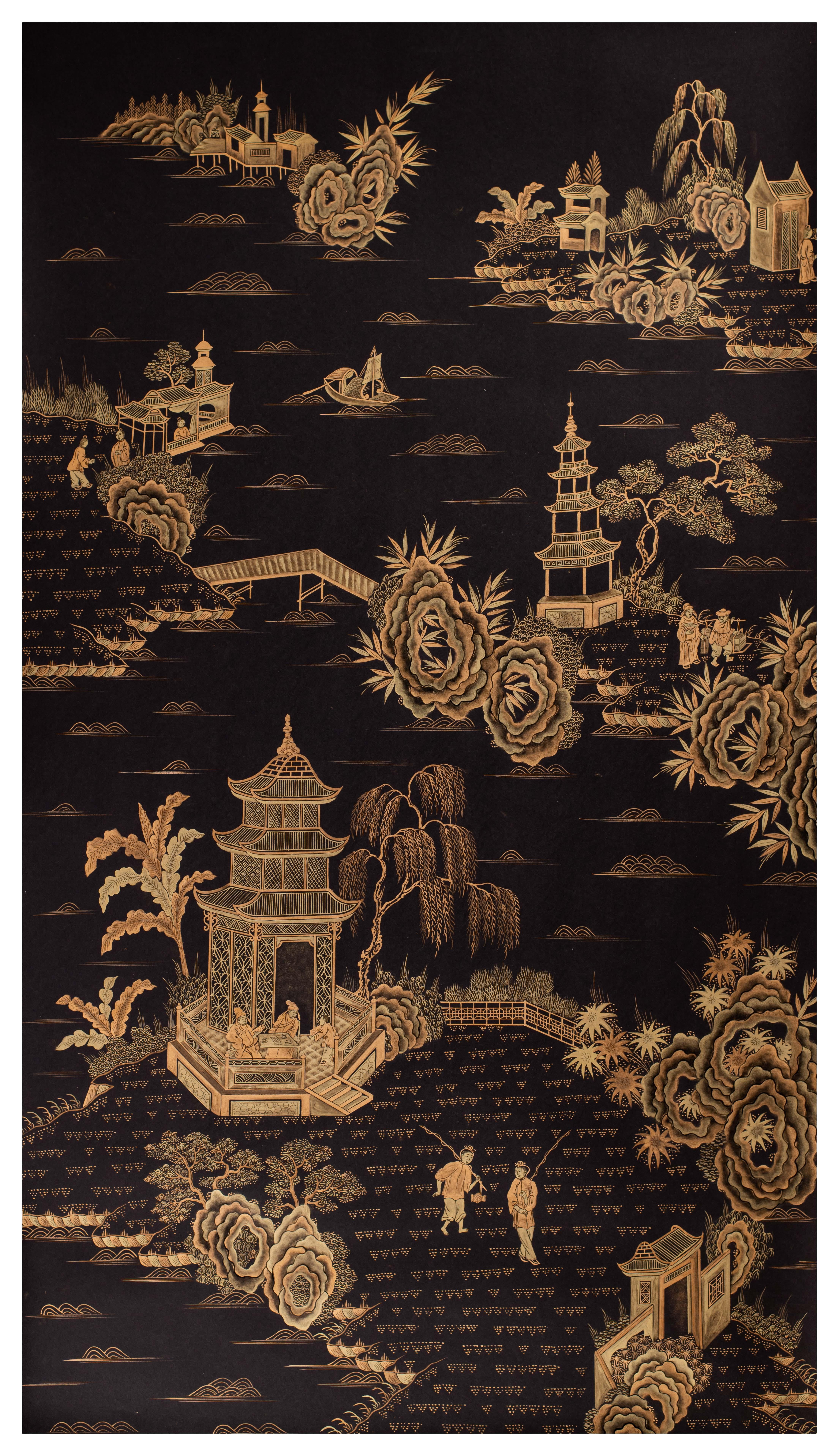 The fine pair of wallpaper panels was hand-painted in gilt paint on rice paper, reproducing the 19th century Chinese export chinoiserie painting of golden pavilions on export wallpaper, from our studio. An antiquing process is applied to the panels