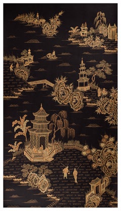 Pair Chinoiserie Hand Painted Wallpaper Panels of Golden Pavilions on Black