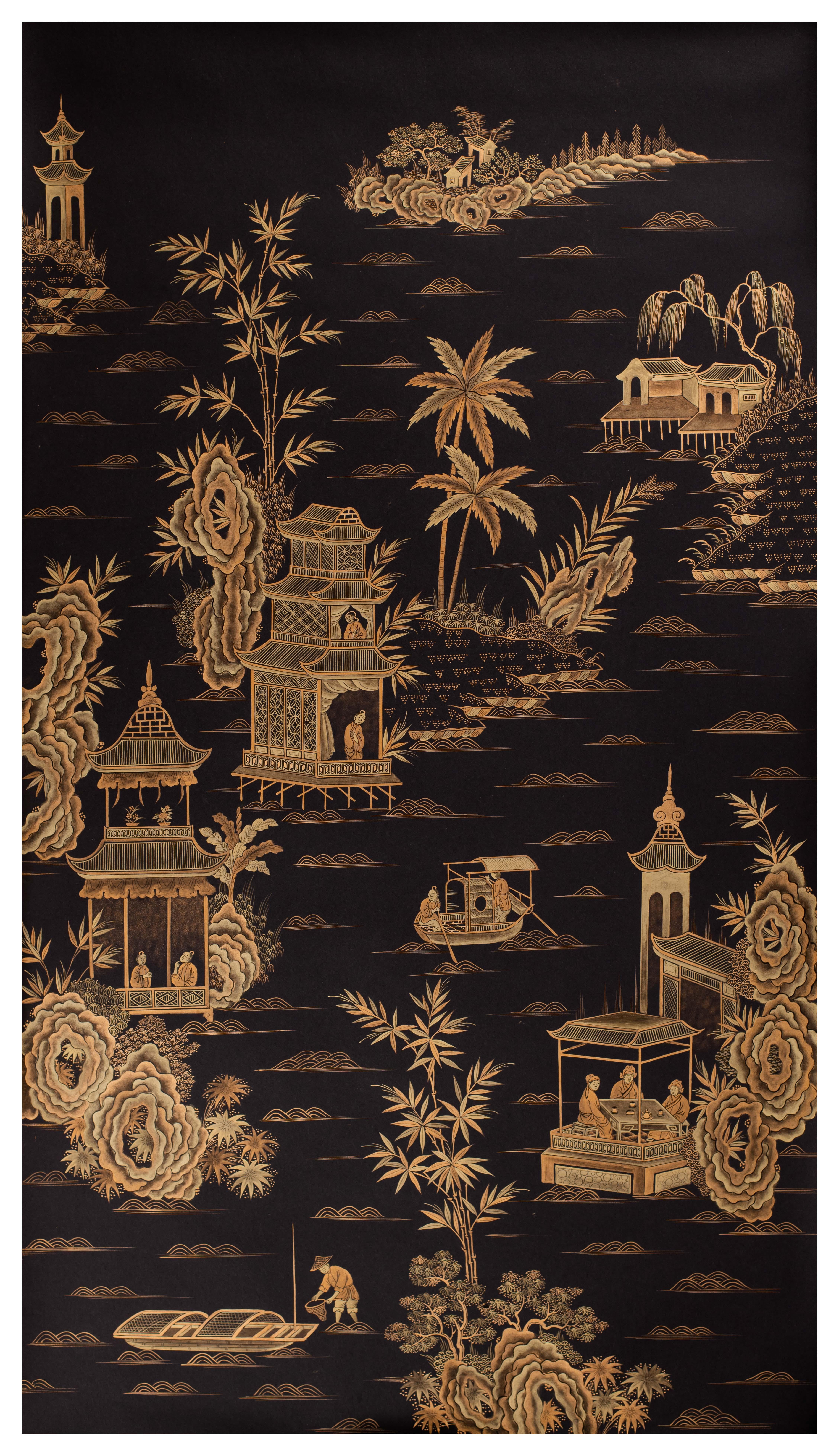 black and gold chinoiserie wallpaper