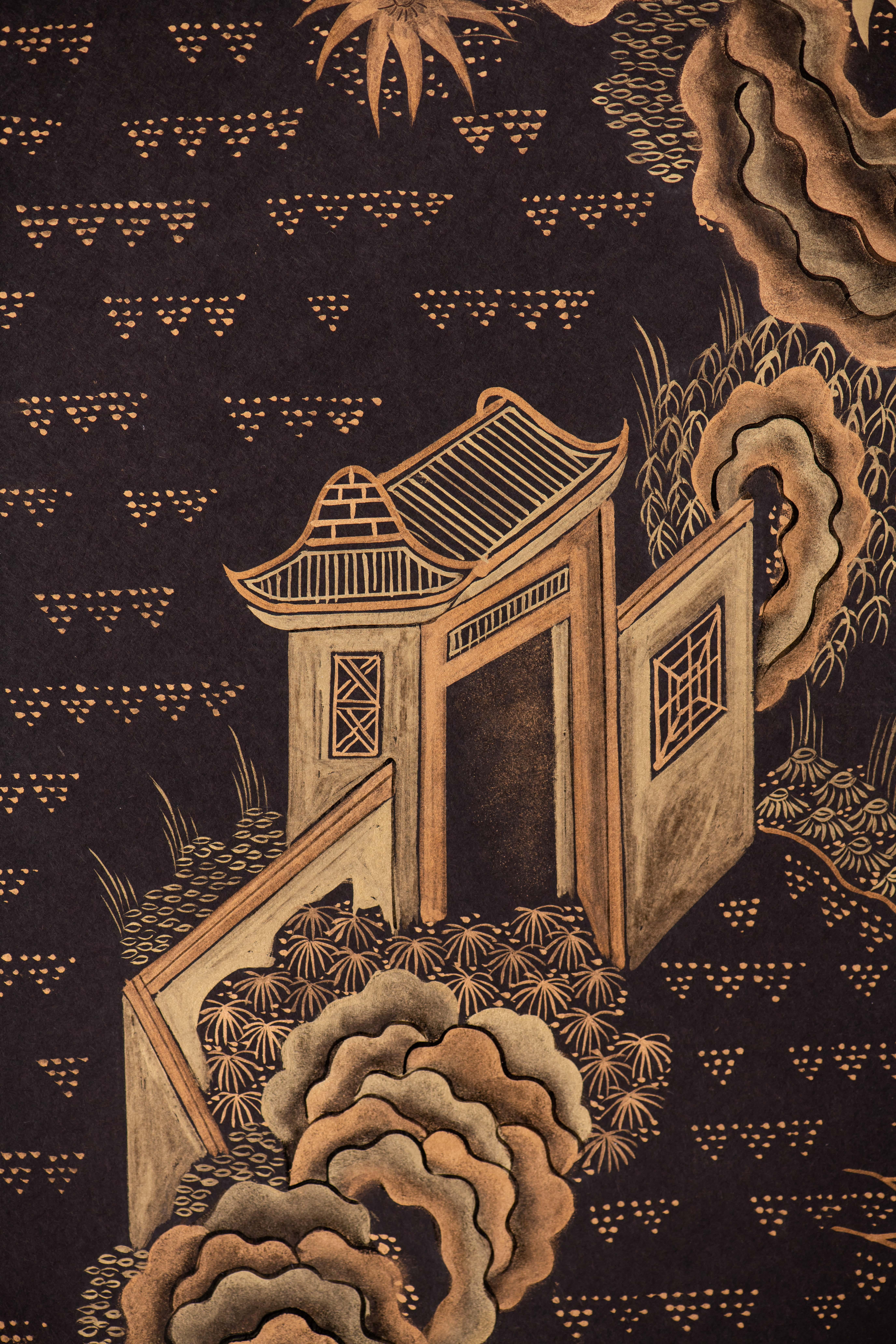 Pair Chinoiserie Hand Painted Wallpaper Panels of Golden Pavilions on Black In New Condition For Sale In 10 Chater Road, HK