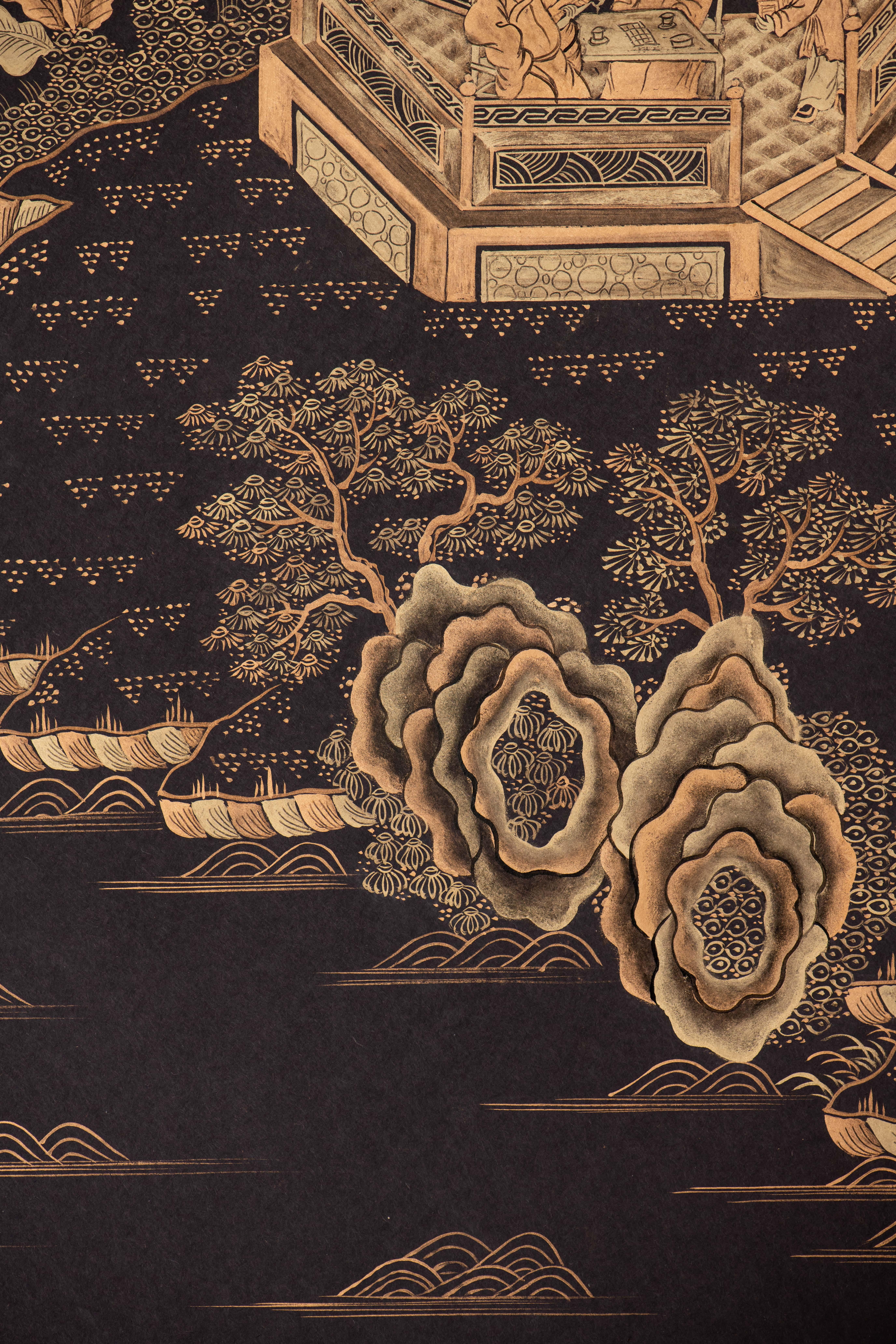 Contemporary Pair Chinoiserie Hand Painted Wallpaper Panels of Golden Pavilions on Black For Sale