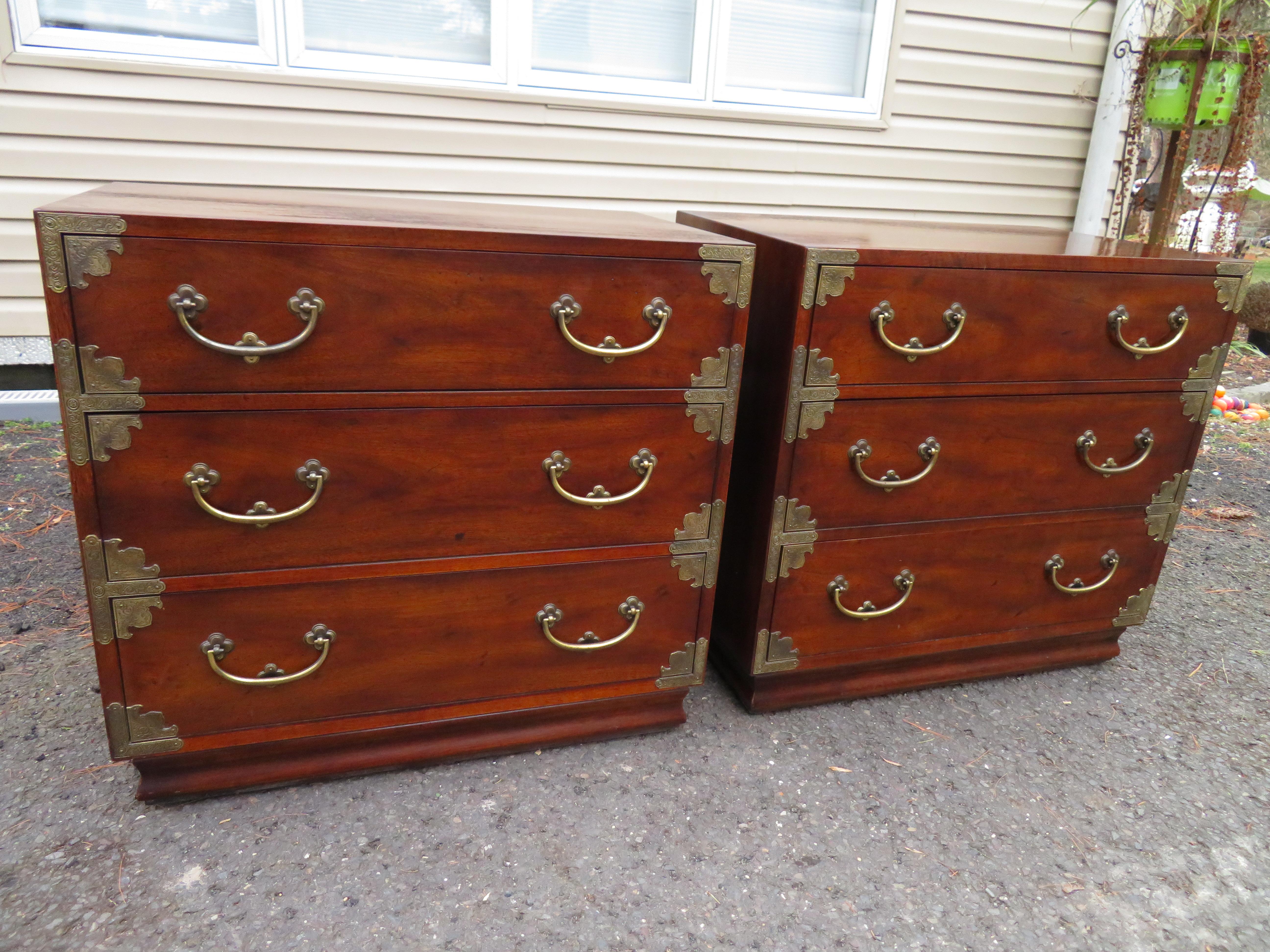 Pair Chinoiserie Henredon Tansu Campaign Chests Nightstands Mid-Century Modern 11