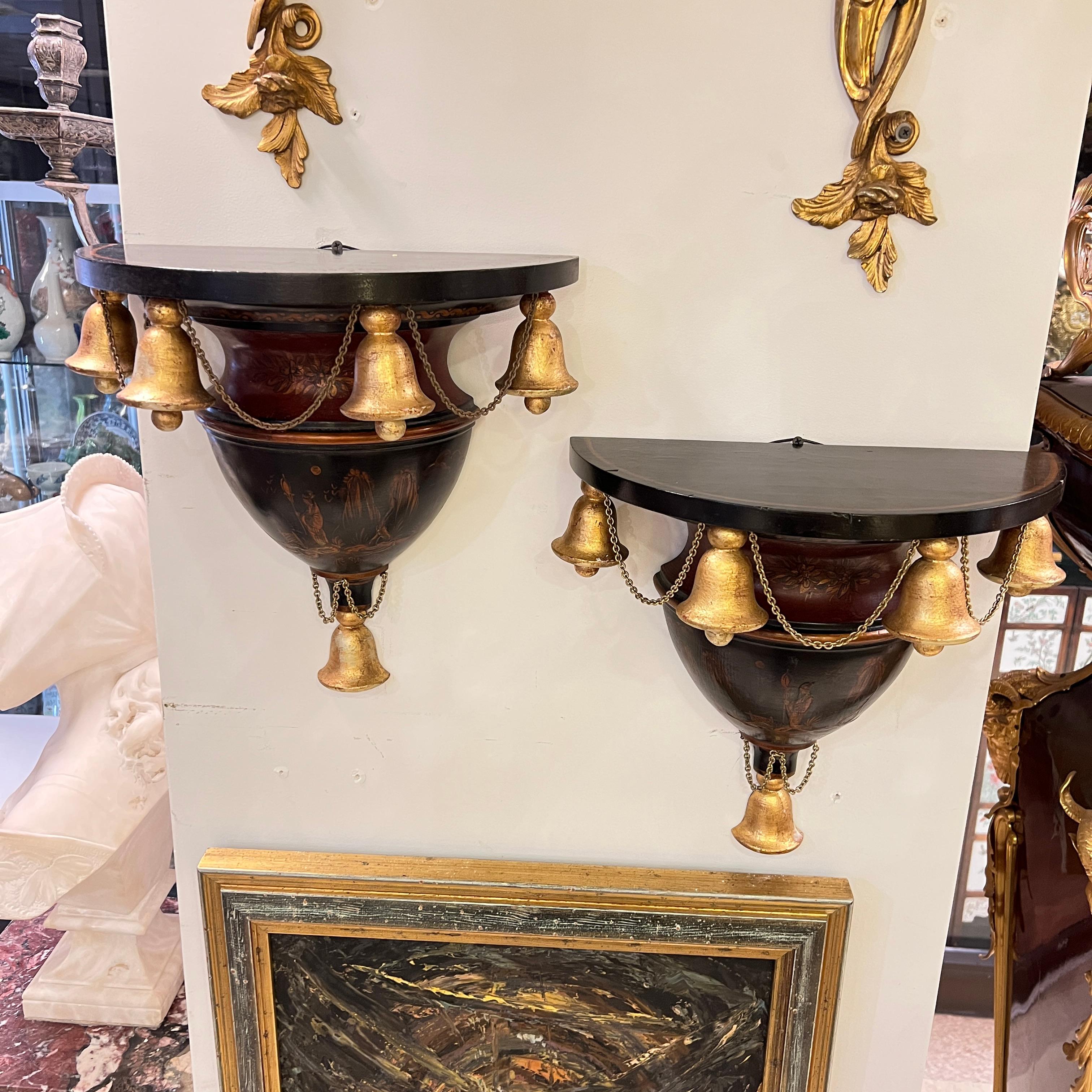 Wood Pair Chinoiserie Painted and Giltwood Wall Brackets For Sale