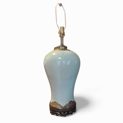 Pair Chinoiserie Porcelain Celadon Green Ceramic Temple Jar Table Lamps.