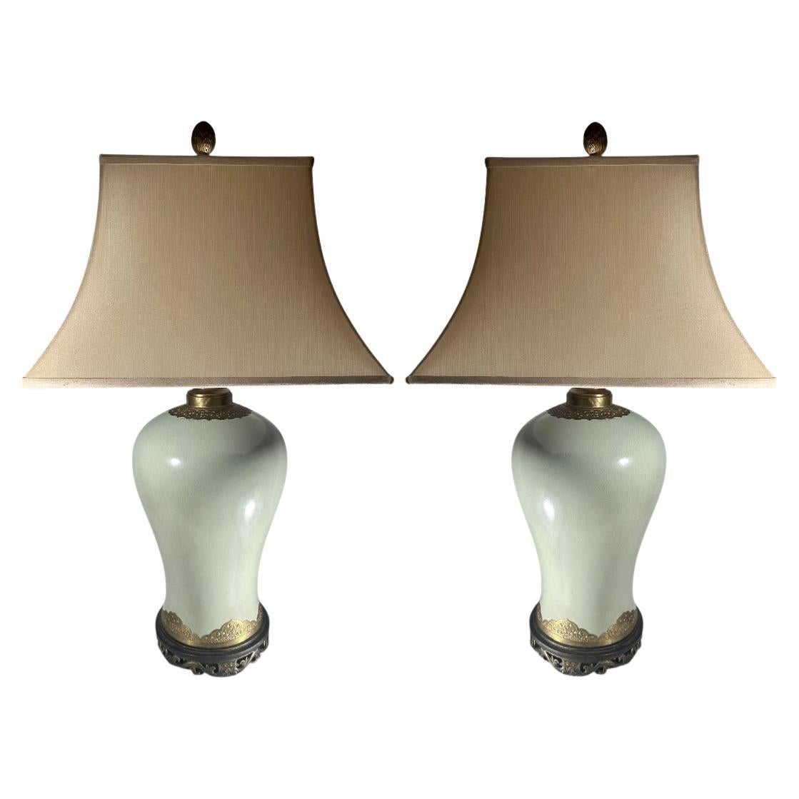 Pair Chinoiserie Porcelain Celadon Green Ceramic Temple Jar Table Lamps. For Sale