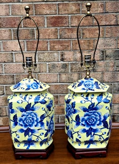 Pair Chinoiserie Porcelain Table Lamps With Painted Floral Blue On Yellow Ground