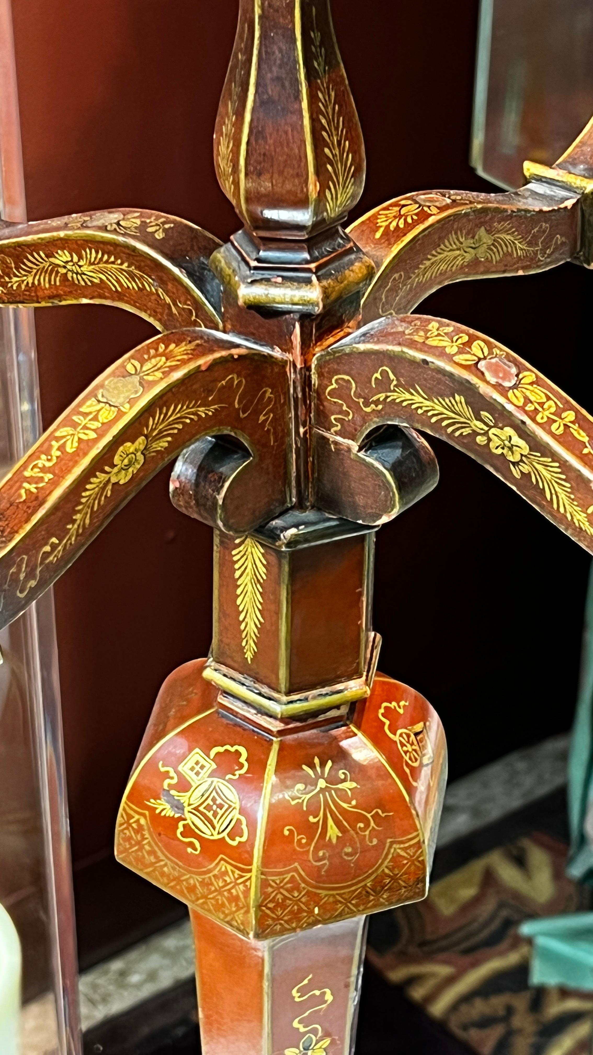 Pair Chinoiserie Red Japanned Candelabra Table Lamps For Sale 7