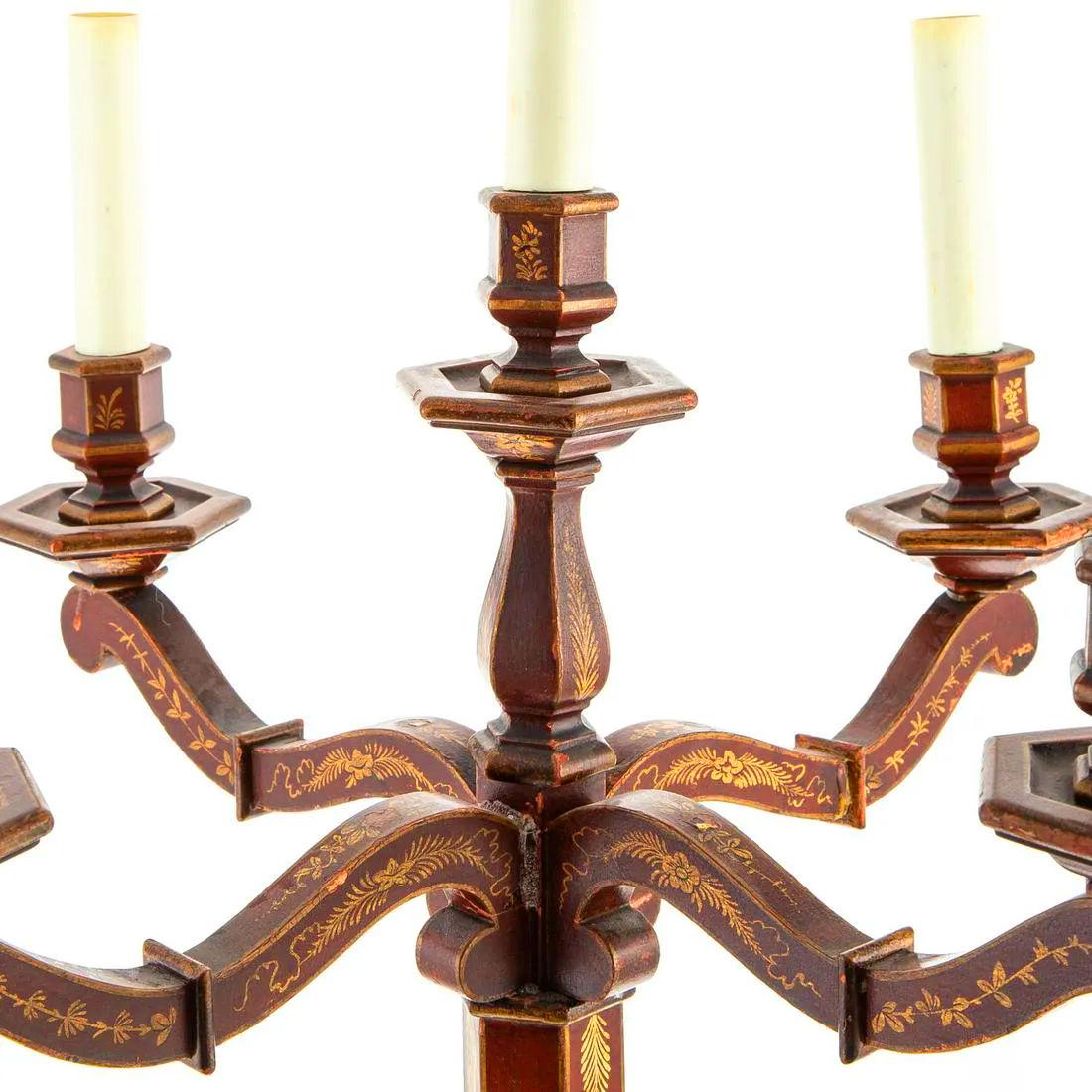 Pair Chinoiserie Red Japanned Candelabra Table Lamps In Good Condition For Sale In New York, US