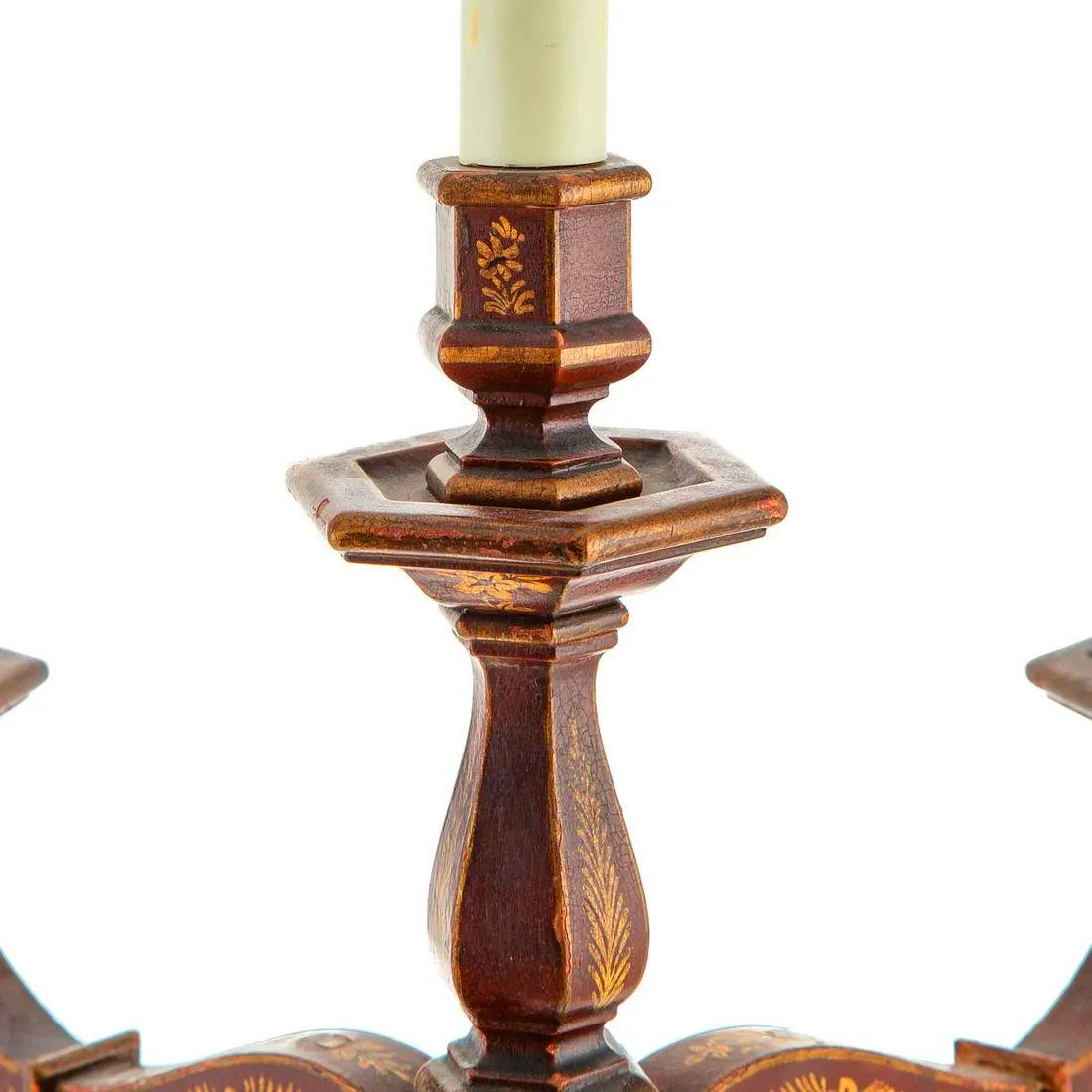 20th Century Pair Chinoiserie Red Japanned Candelabra Table Lamps For Sale