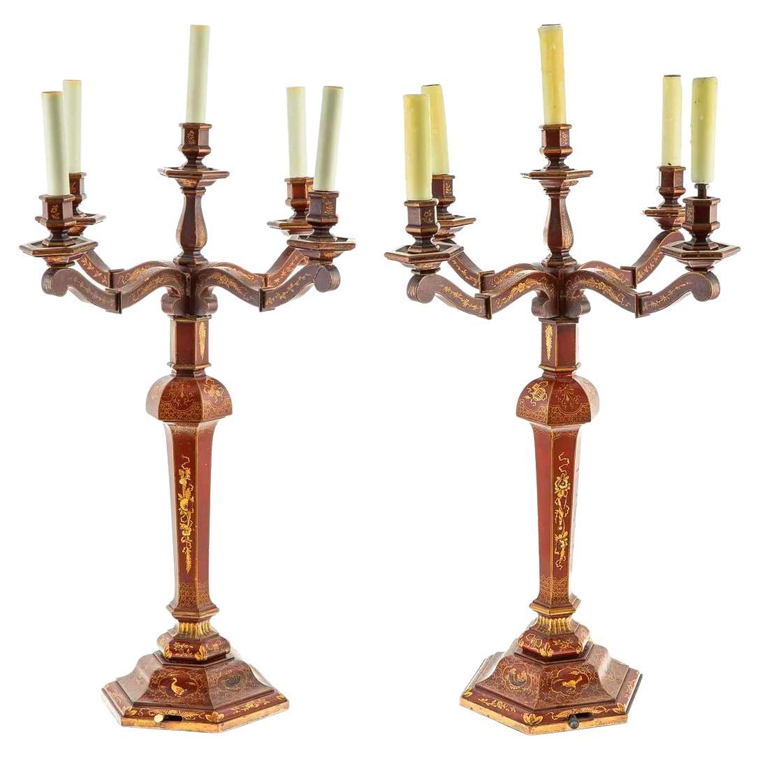 Pair Chinoiserie Red Japanned Candelabra Table Lamps For Sale