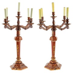 Pair Chinoiserie Red Japanned Candelabra Table Lamps
