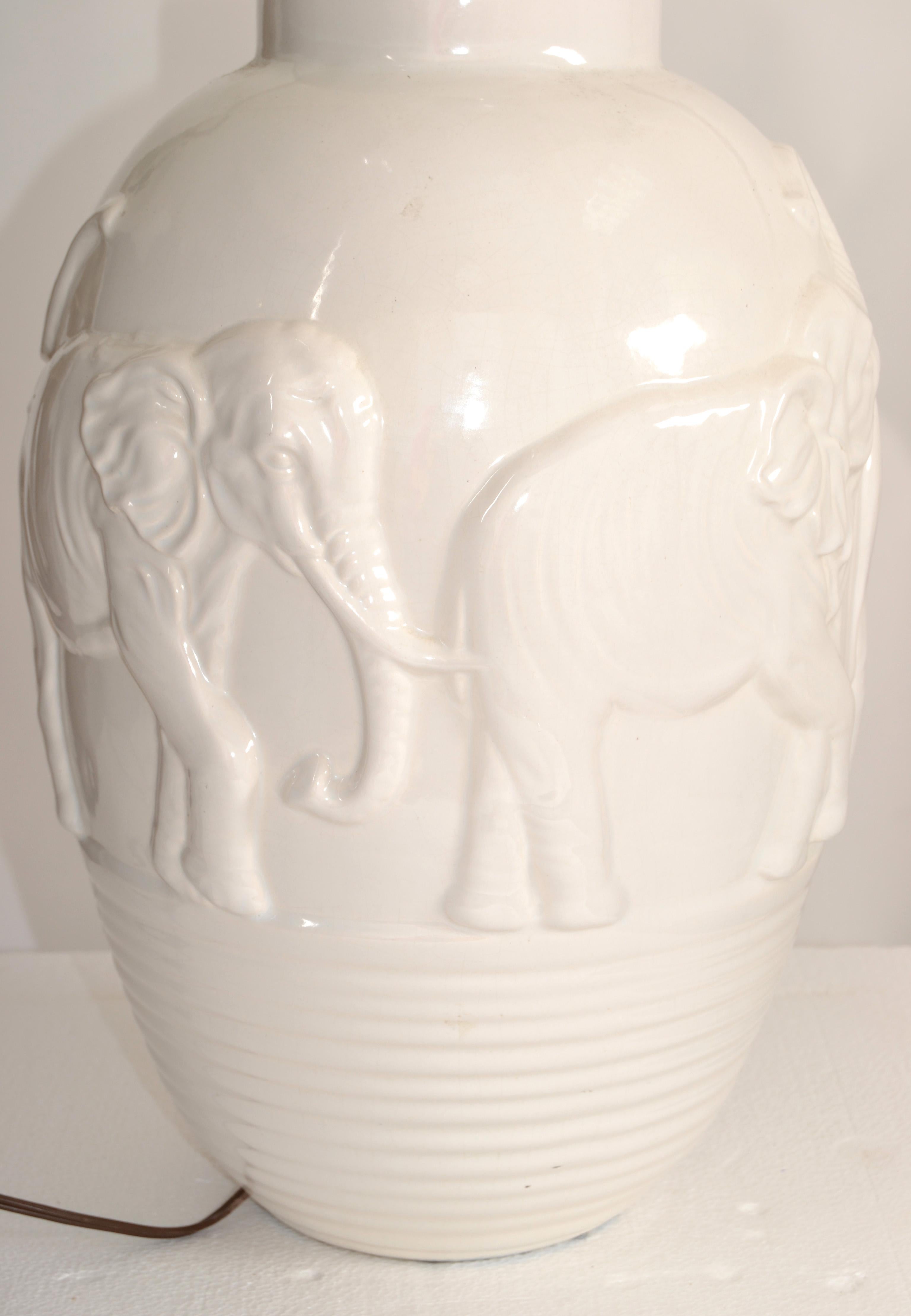 20th Century Pair Chinoiserie White Glazed Ceramic Elephant Table Lamps Asian Animal Motives For Sale