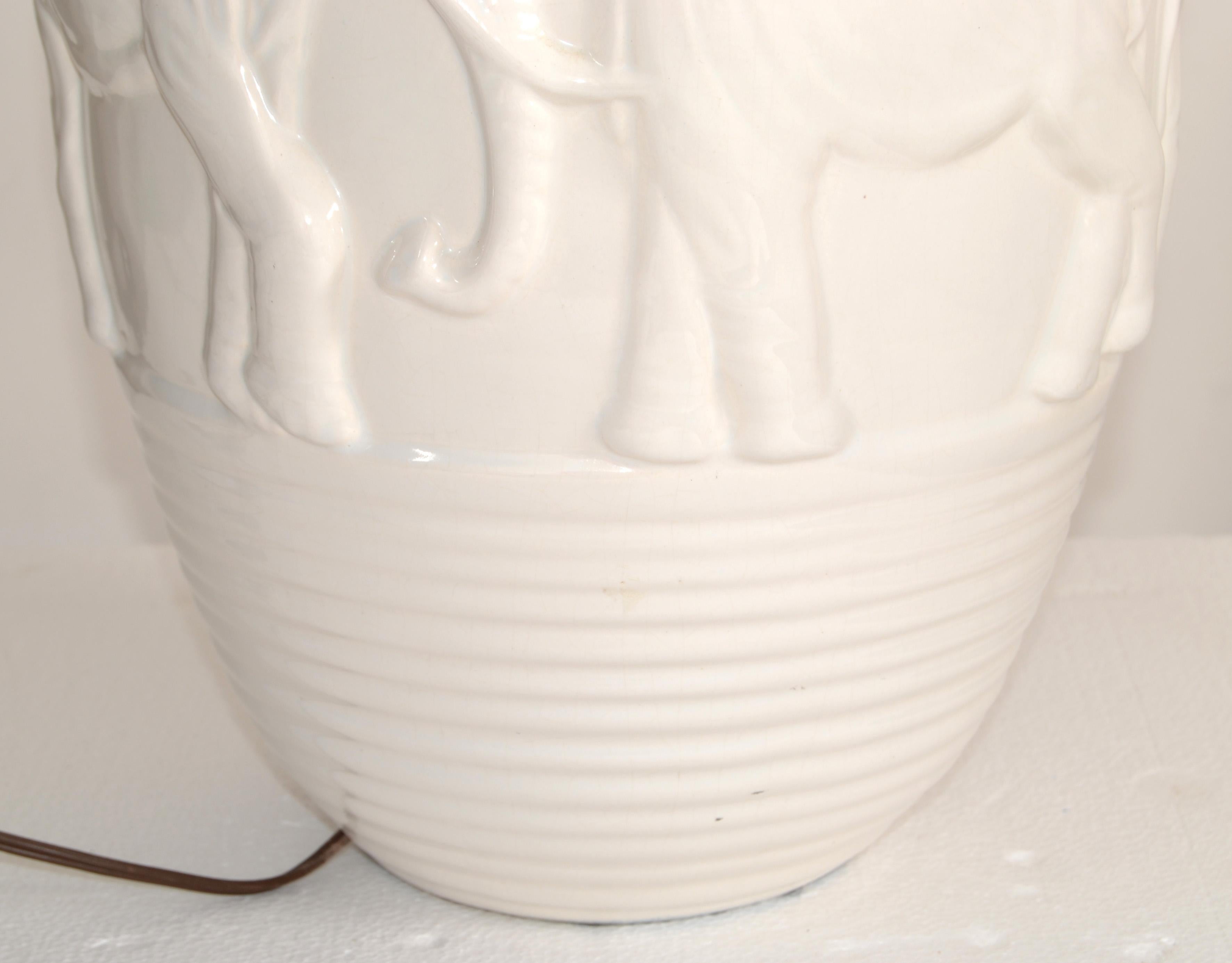 Pair Chinoiserie White Glazed Ceramic Elephant Table Lamps Asian Animal Motives For Sale 2