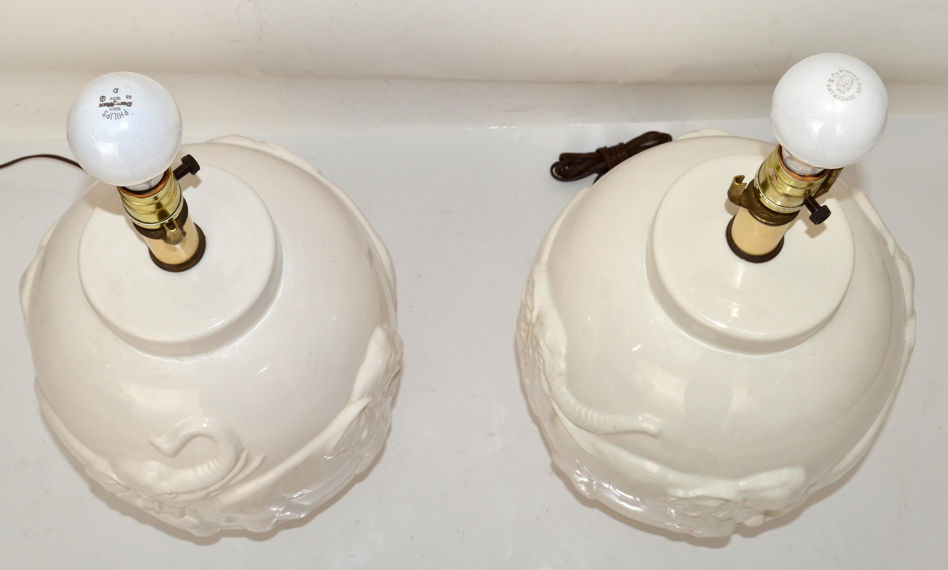 Pair Chinoiserie White Glazed Ceramic Elephant Table Lamps Asian Animal Motives For Sale 3