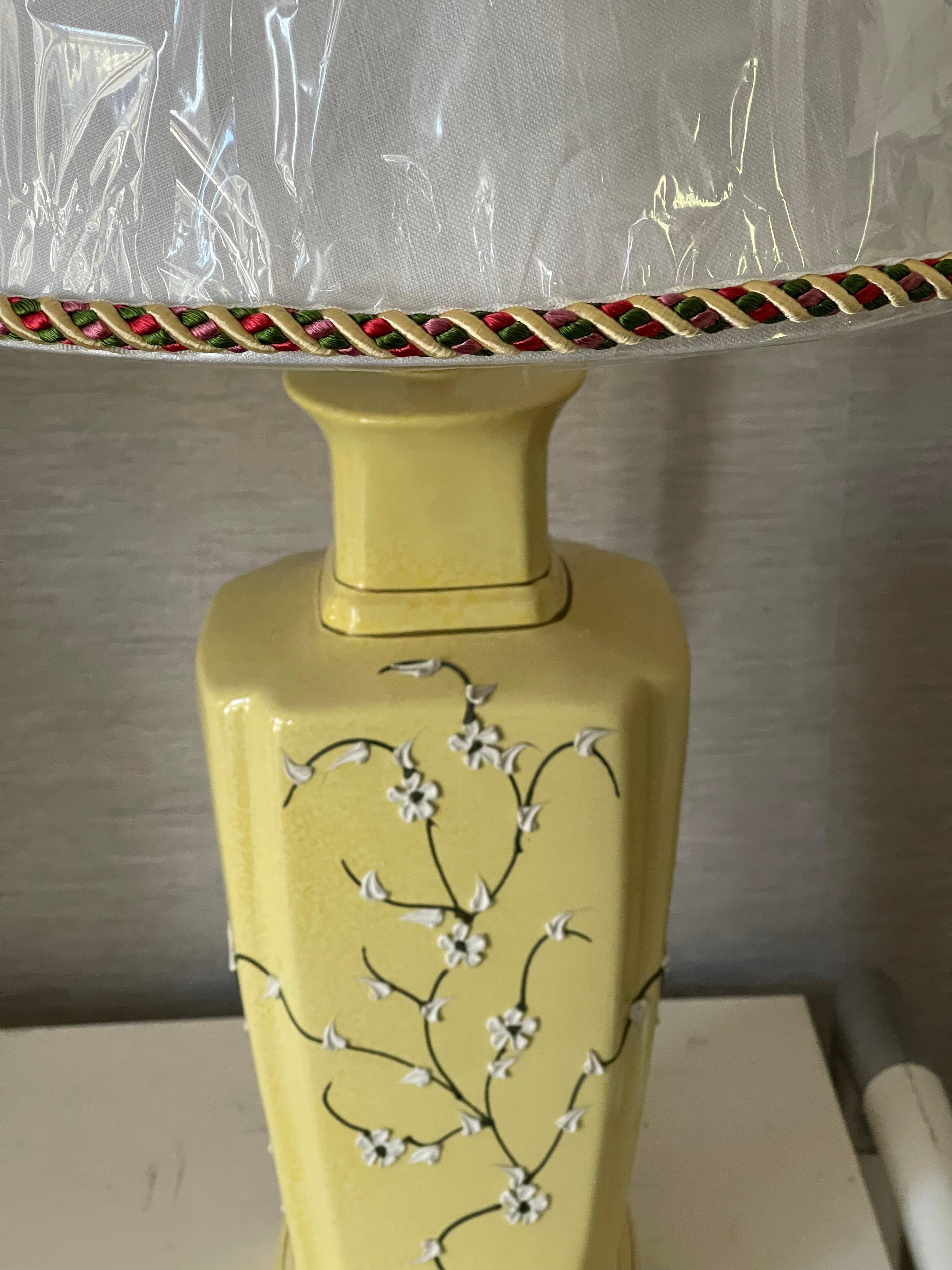 Pair Chinoiserie Yellow ceramic Lamps with Ftinged Shades For Sale 4