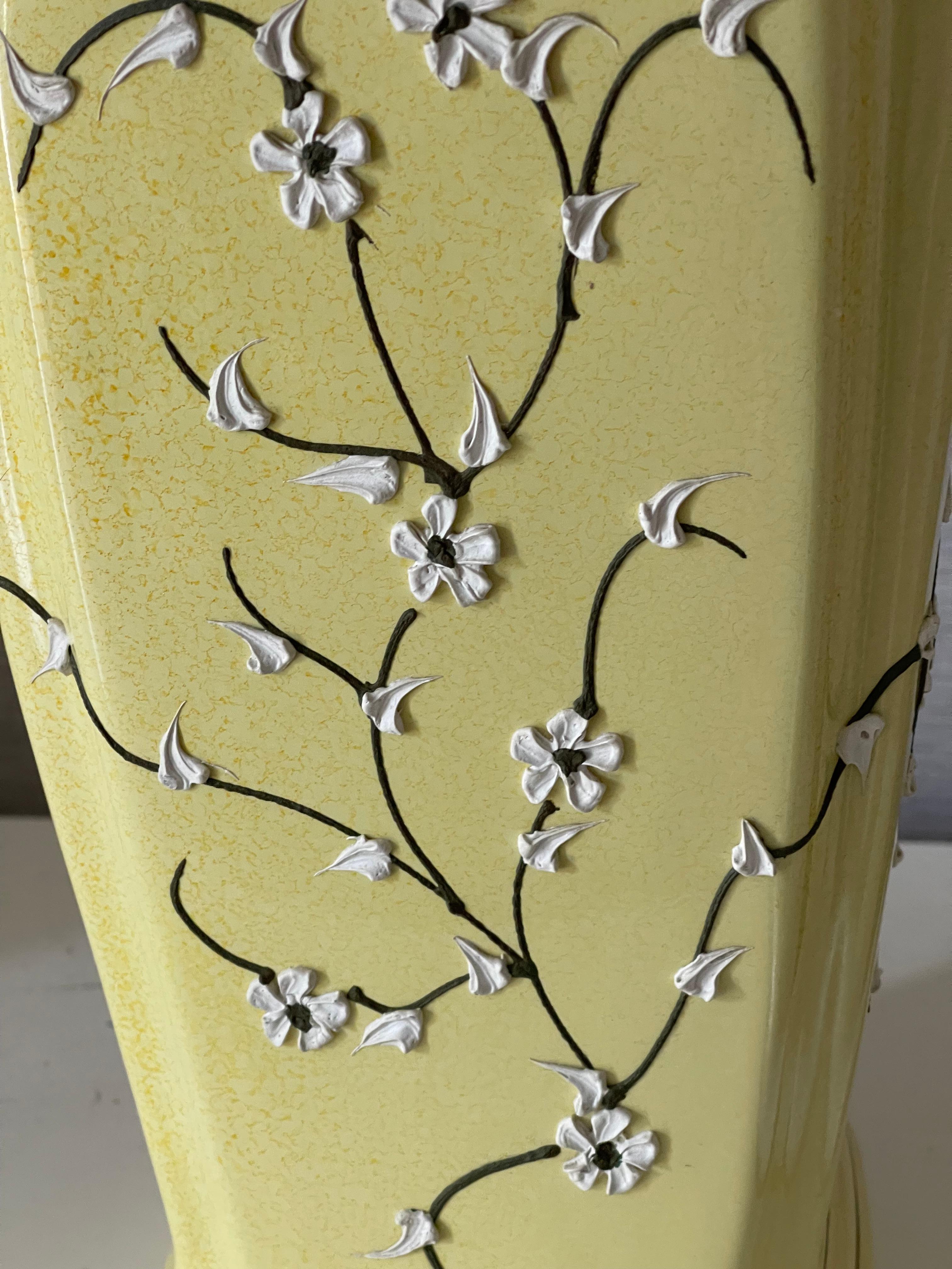 Ceramic Pair Chinoiserie Yellow ceramic Lamps with Ftinged Shades For Sale