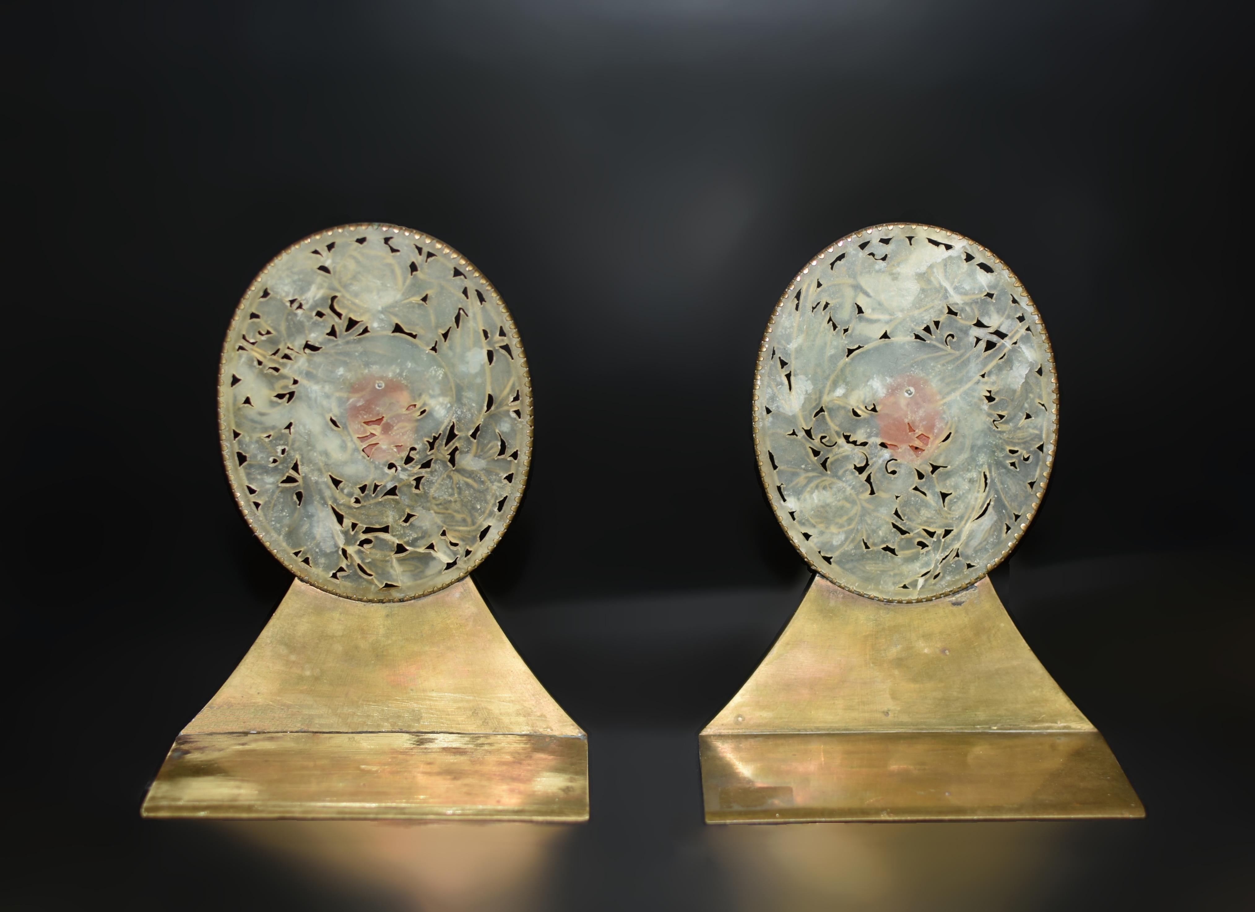 Pair Chinse Antique Jade Red Agate Bookends Engraved Solid Brass For Sale 9