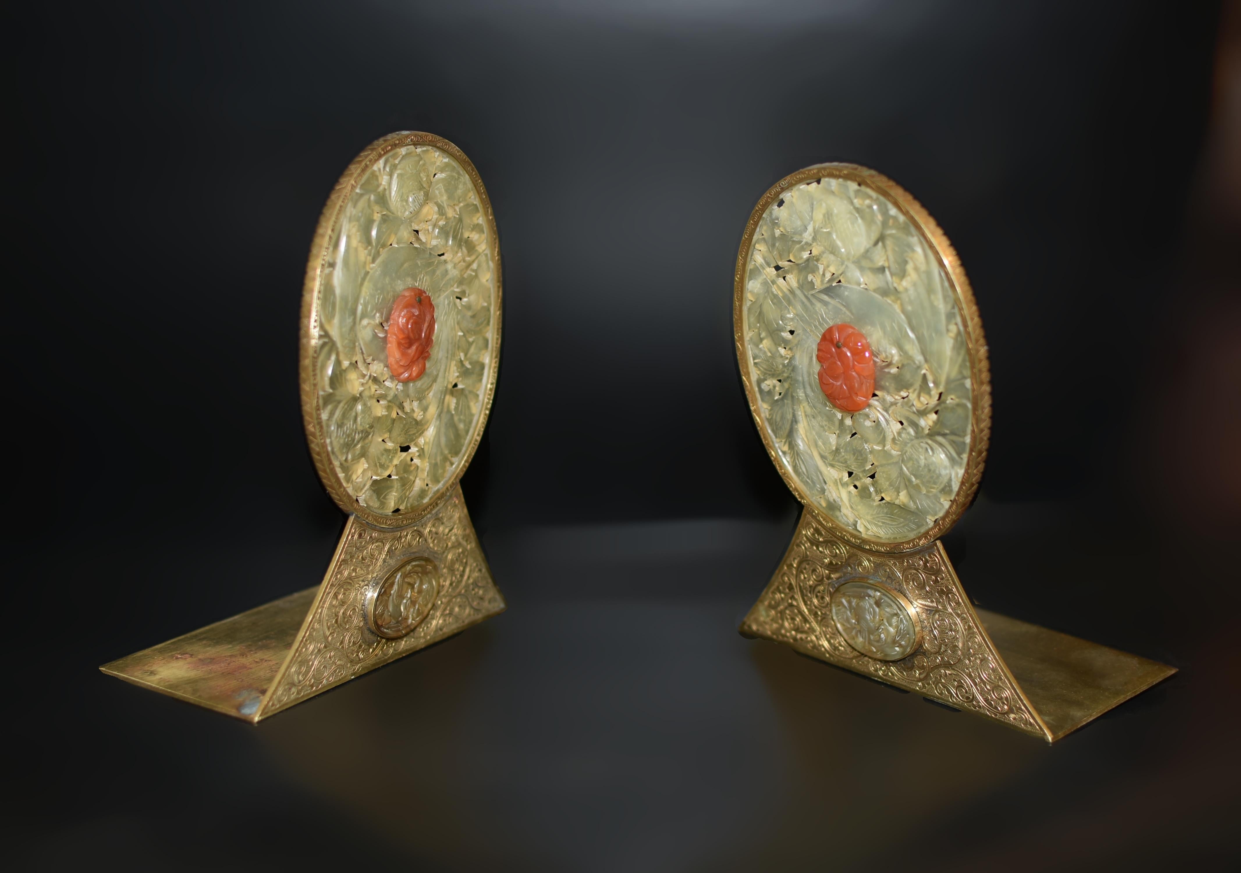 Pair Chinse Antique Jade Red Agate Bookends Engraved Solid Brass For Sale 7