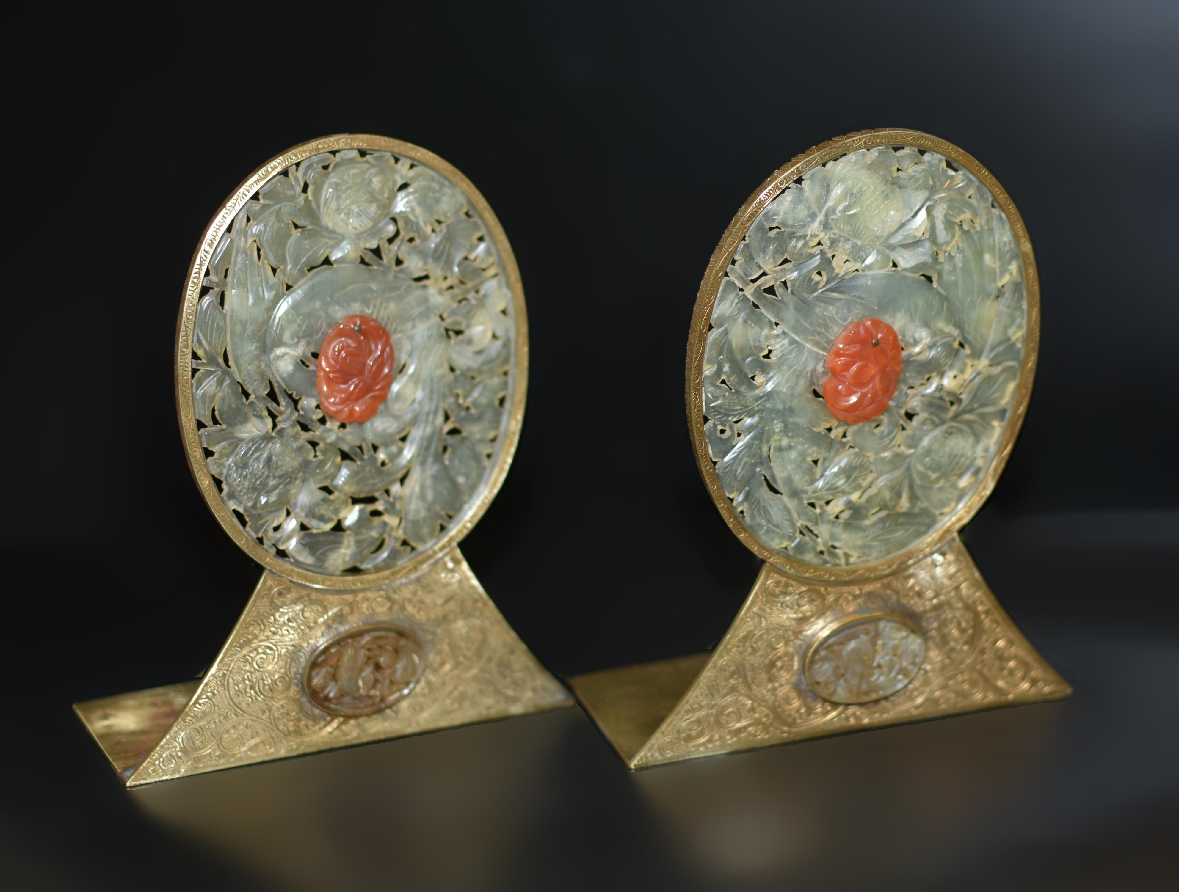 Pair Chinse Antique Jade Red Agate Bookends Engraved Solid Brass For Sale 8
