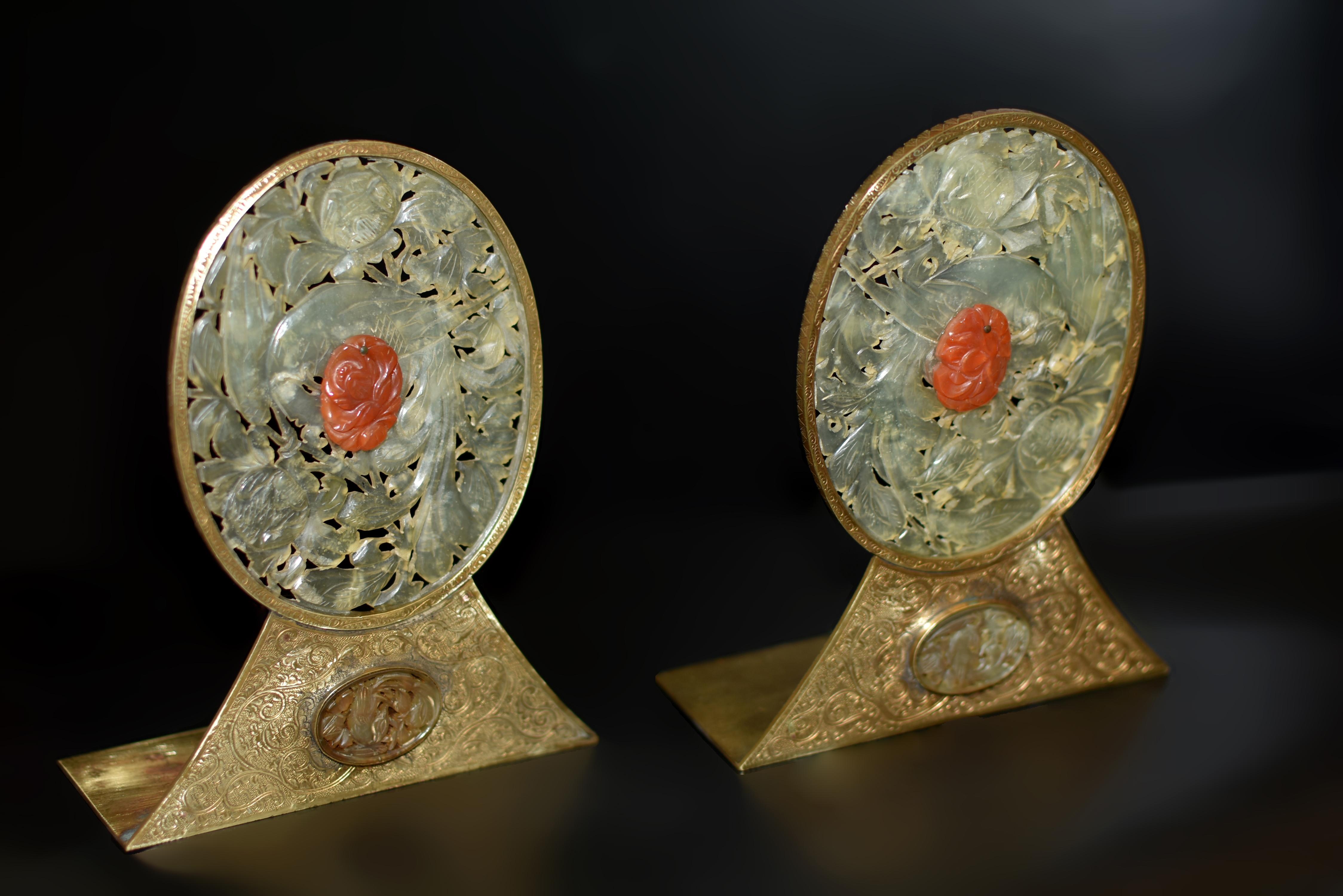 Hand-Carved Pair Chinse Antique Jade Red Agate Bookends Engraved Solid Brass For Sale