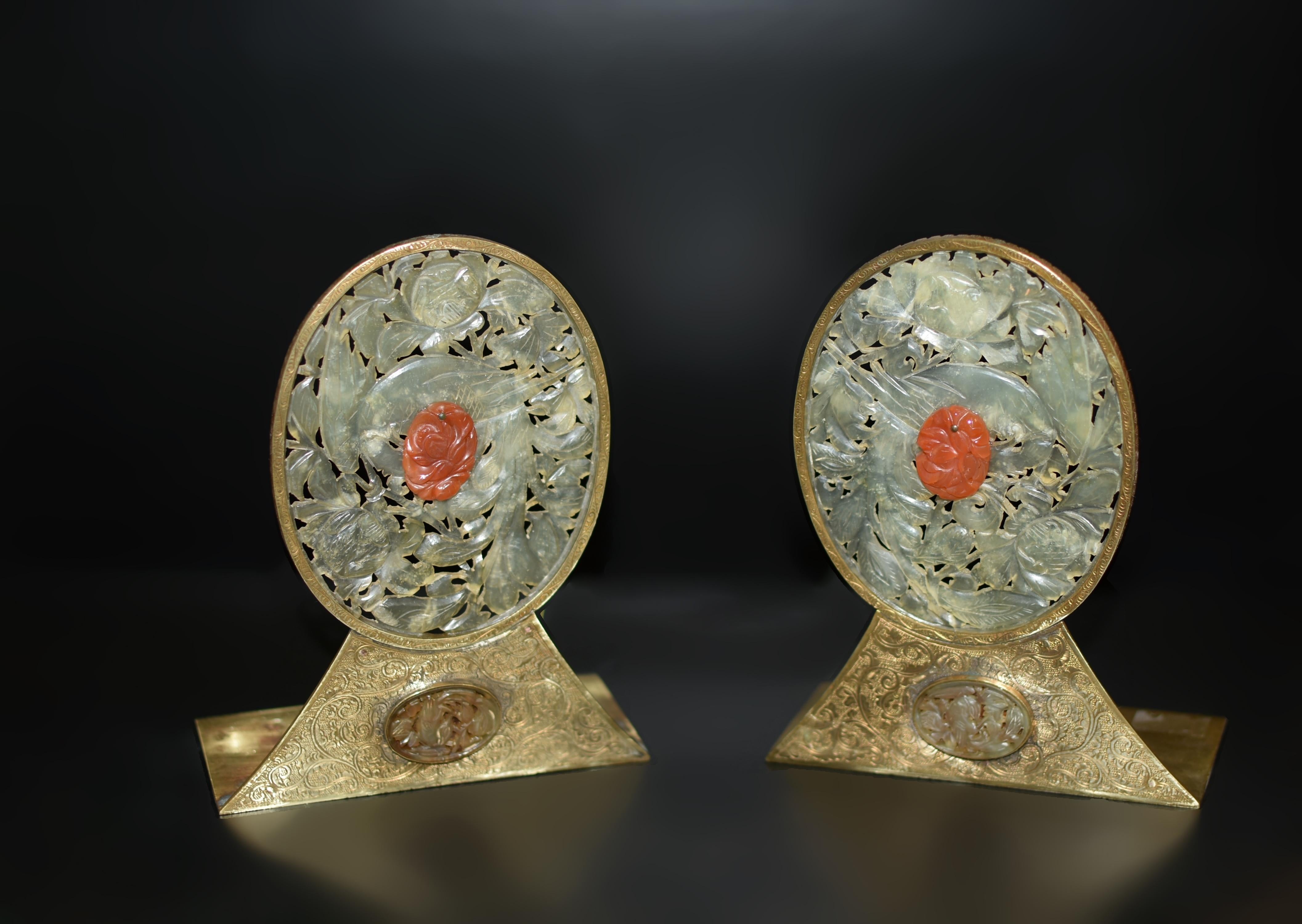 Chinese Pair Chinse Antique Jade Red Agate Bookends Engraved Solid Brass For Sale
