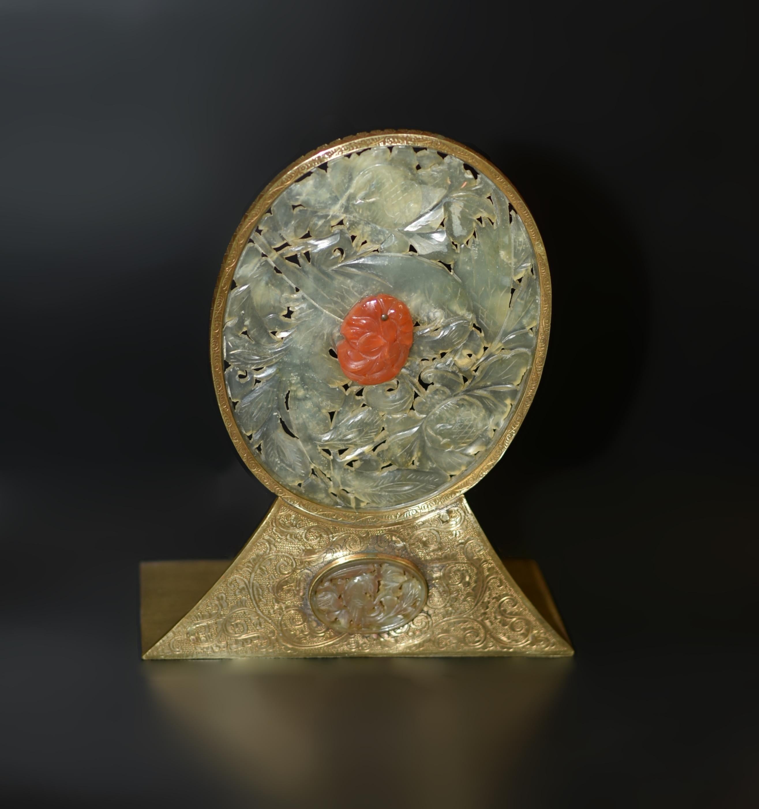 Pair Chinse Antique Jade Red Agate Bookends Engraved Solid Brass In Good Condition For Sale In Somis, CA