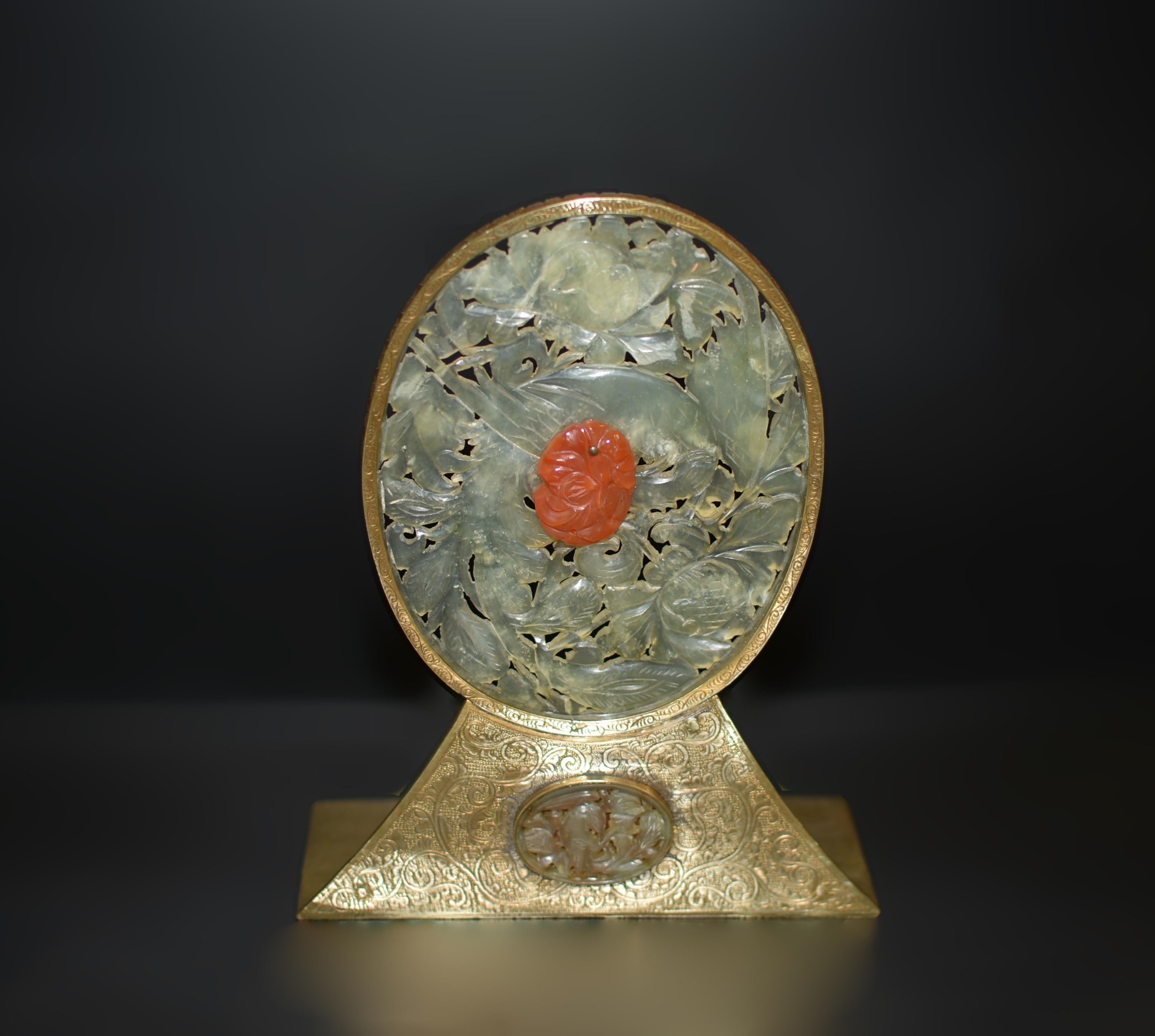 20th Century Pair Chinse Antique Jade Red Agate Bookends Engraved Solid Brass For Sale
