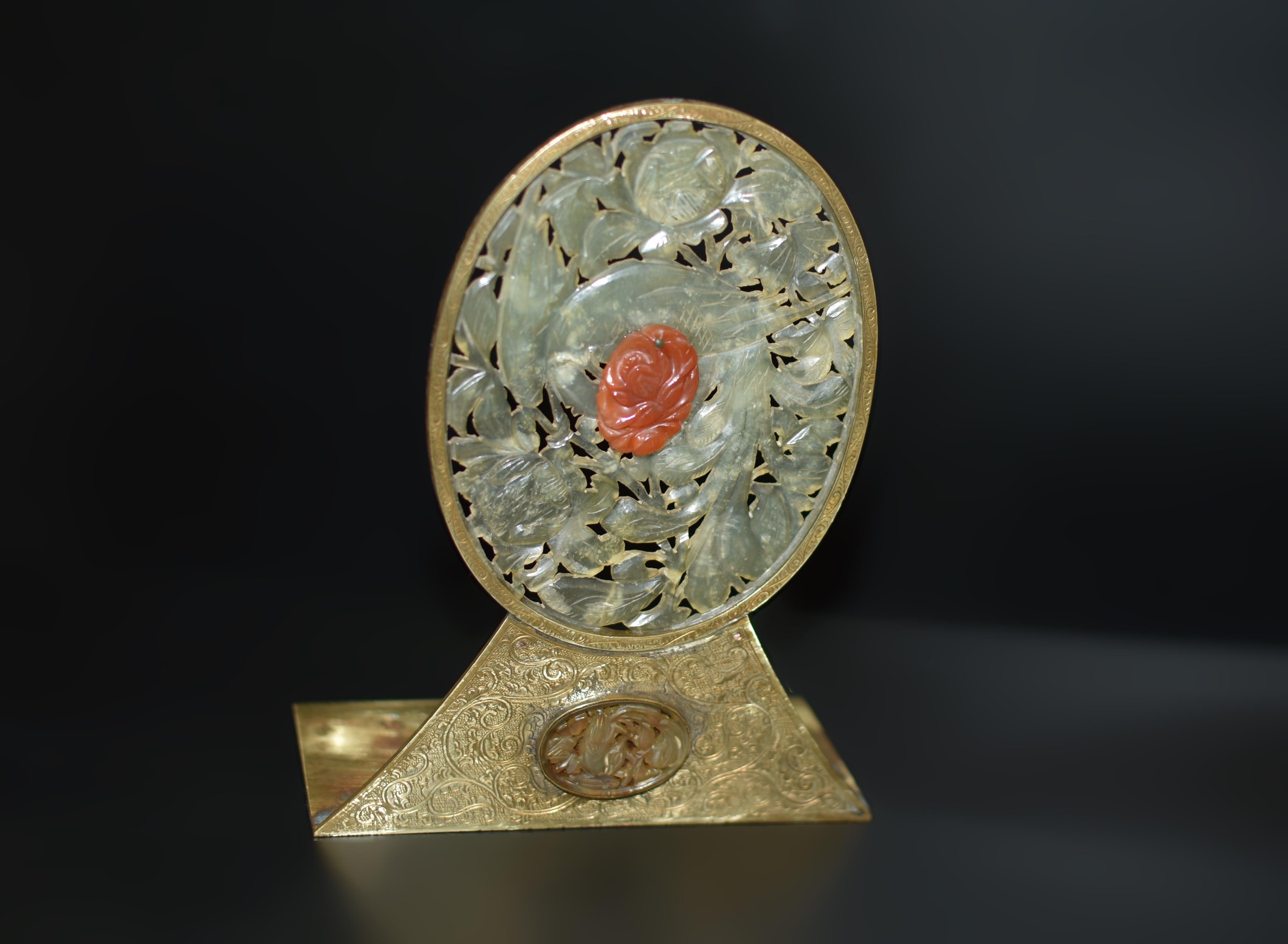 Pair Chinse Antique Jade Red Agate Bookends Engraved Solid Brass For Sale 1