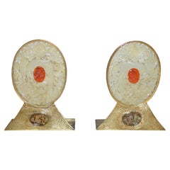 Pair Chinse Antique Jade Red Agate Bookends Engraved Solid Brass