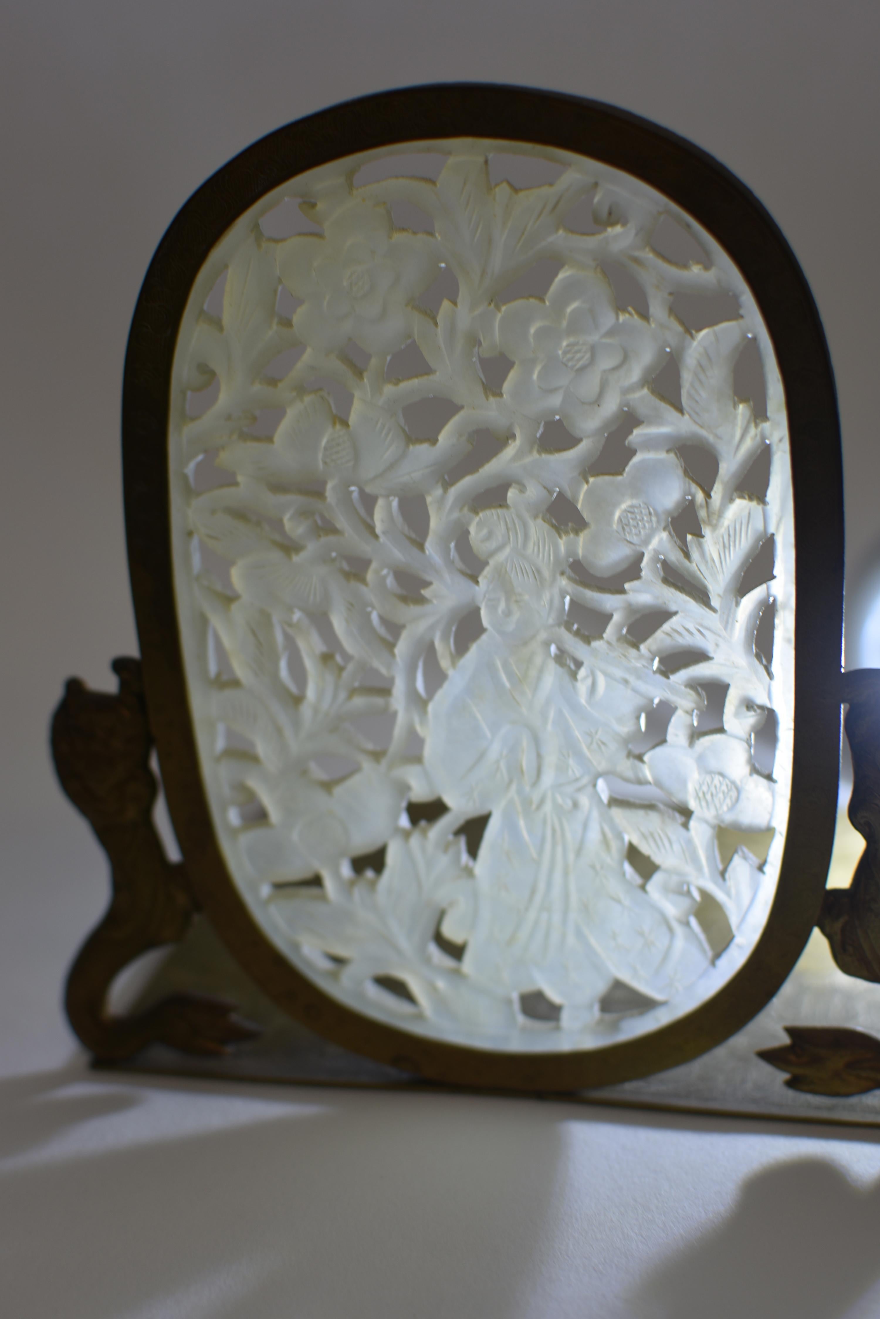 Chinese Pair Chinse Antique White Jade Bookends Engraved Solid Brass