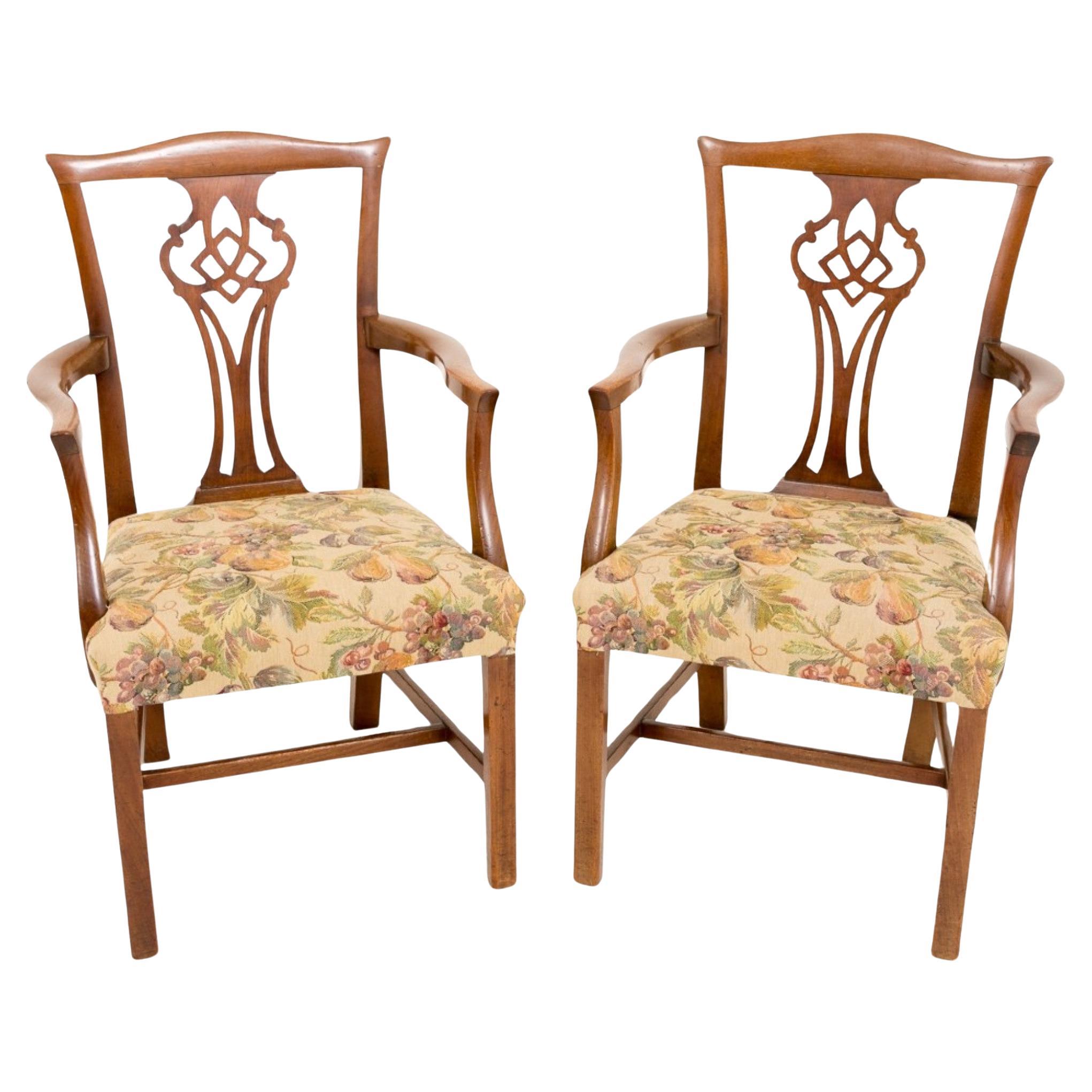 Pair Chippendale Arm Chairs Mahogany Antique 1800 For Sale