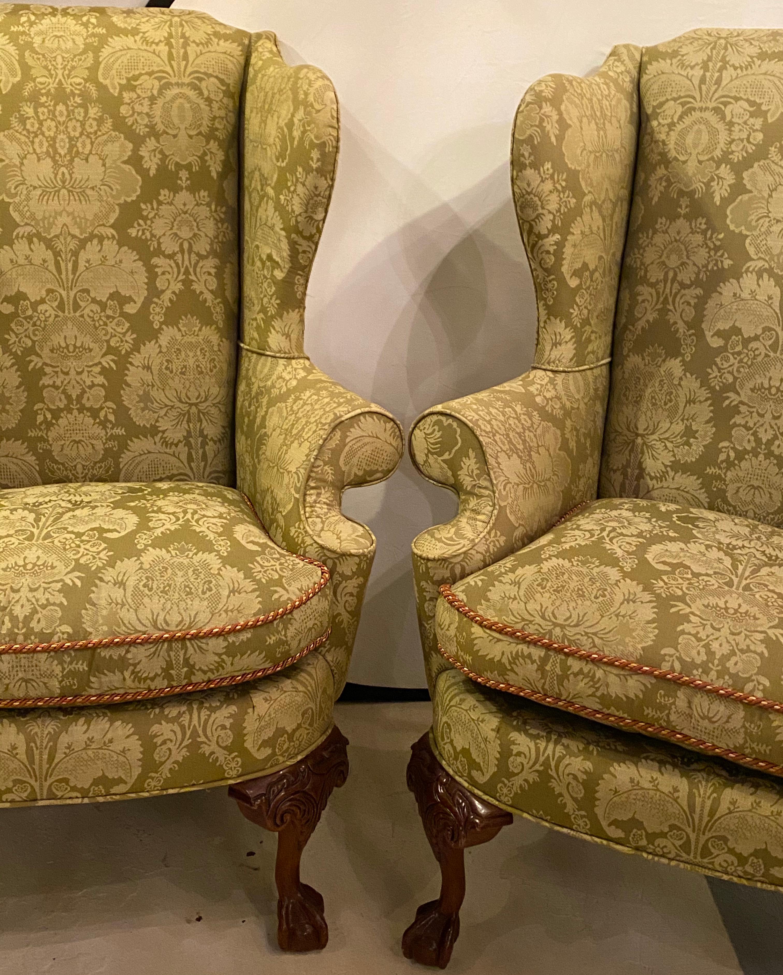 Carved Chippendale Ball and Claw Wingback Chairs with Fine Scalamandre Upholstery, Pair