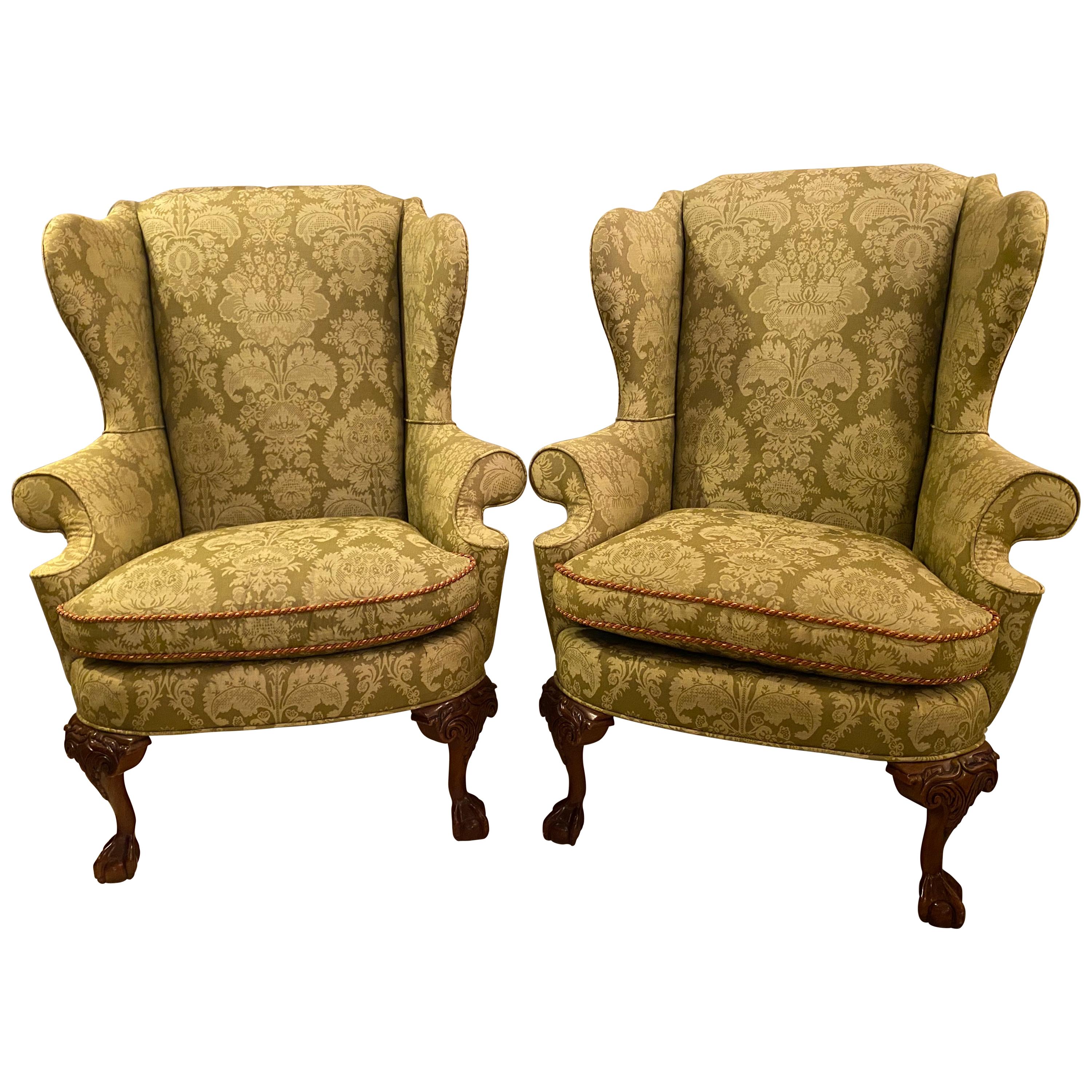 Chippendale Ball and Claw Wingback Chairs with Fine Scalamandre Upholstery, Pair
