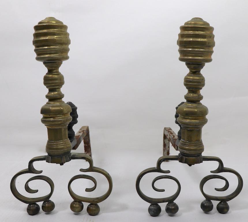 American Pair of Chippendale Revival Andirons with Beehive Tops For Sale
