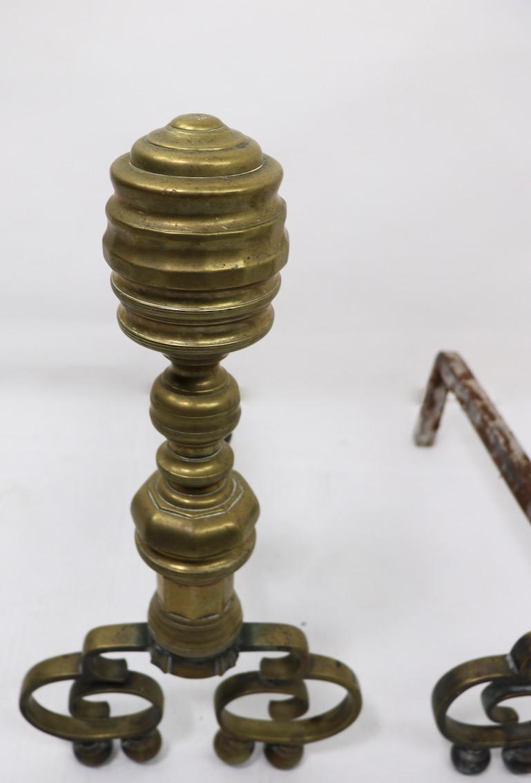 Brass Pair of Chippendale Revival Andirons with Beehive Tops For Sale