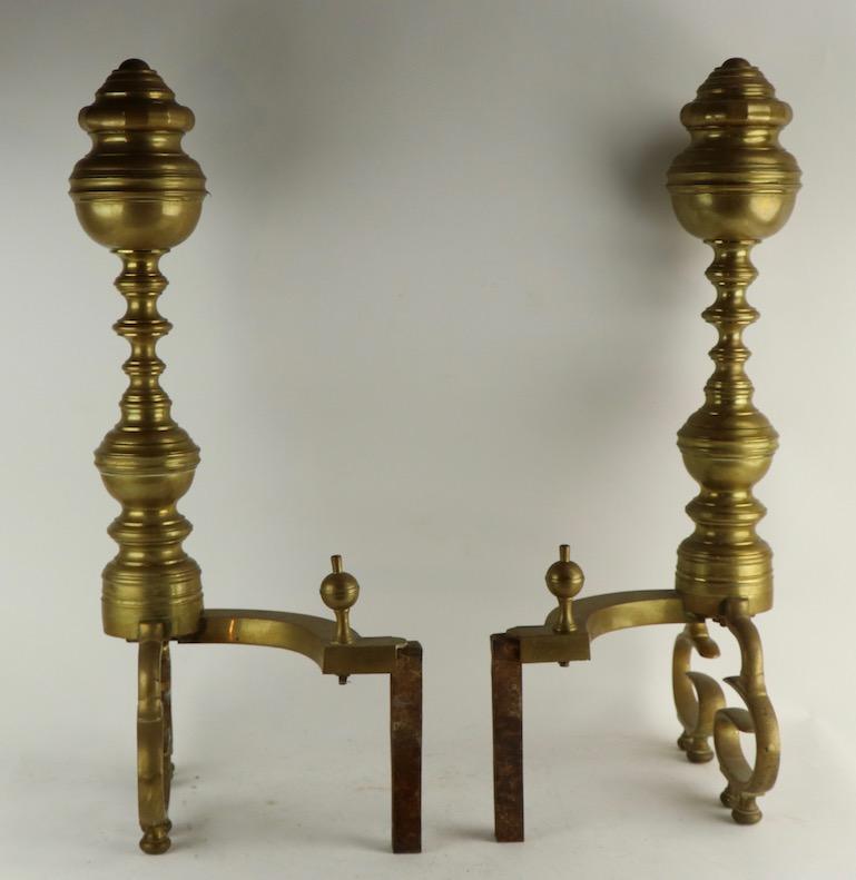 20th Century Pair of Chippendale Revival Brass Andirons For Sale