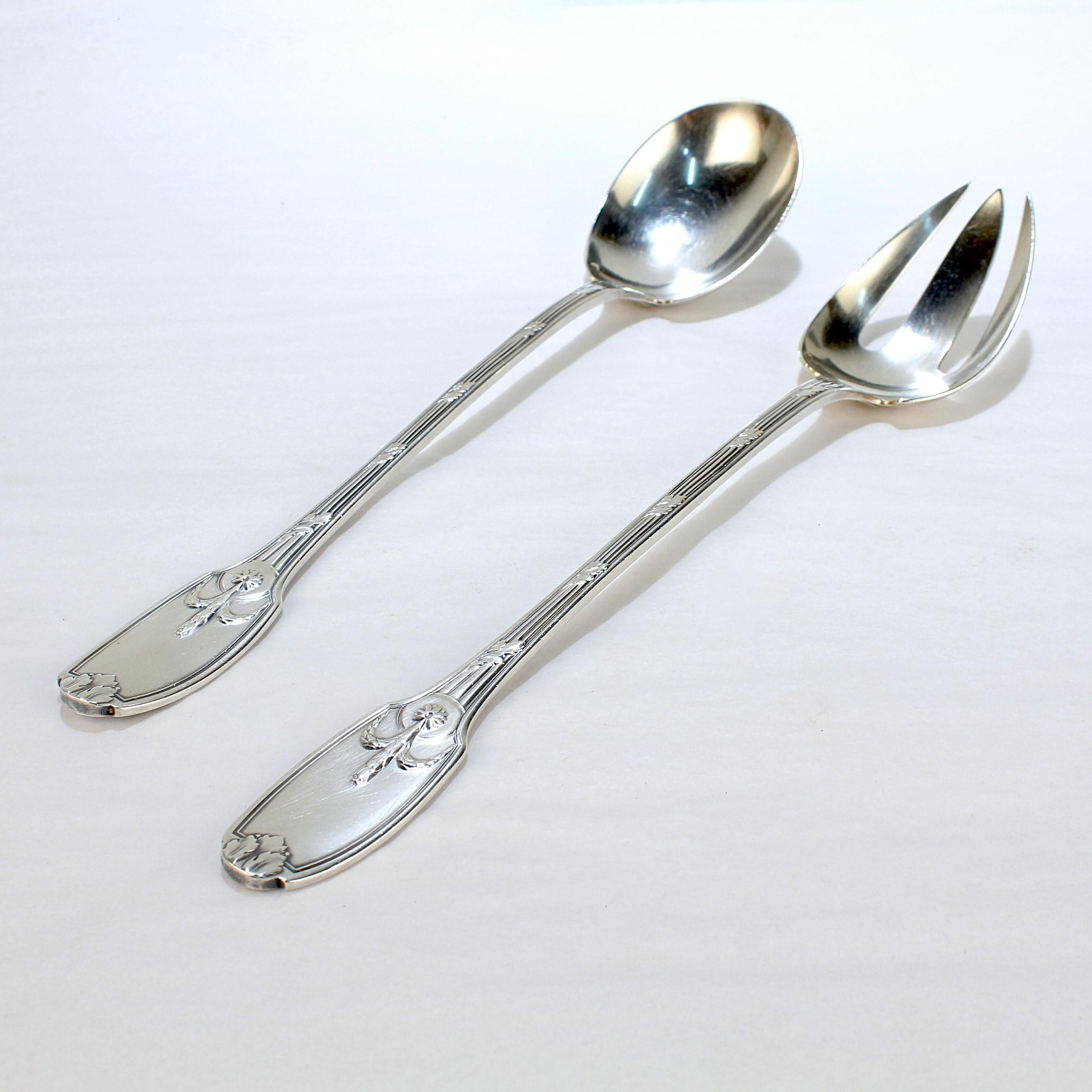 Pair Christofle France Delafosse Silverplate Fork & Spoon Salad Servers In Fair Condition For Sale In Philadelphia, PA