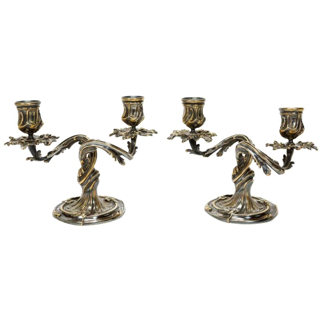 Pair of Christofle Silver Plated Two-Light Candelabra For Sale