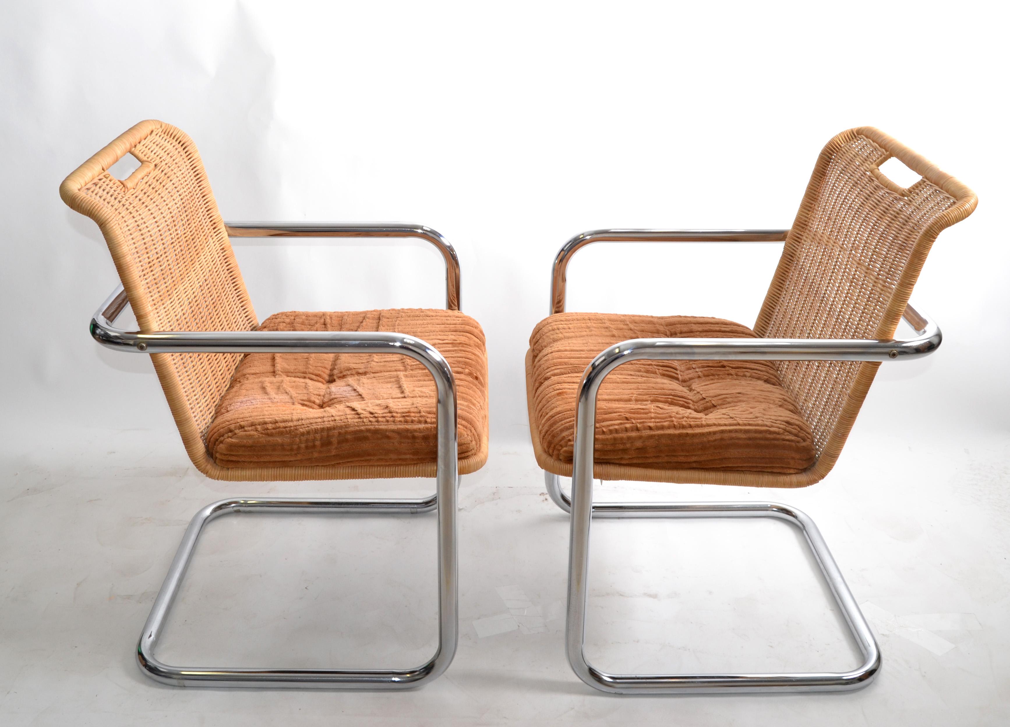 Pair Chromcraft Armchairs Brown Seat & Wicker Backrest Mid-Century Modern, 1970 5