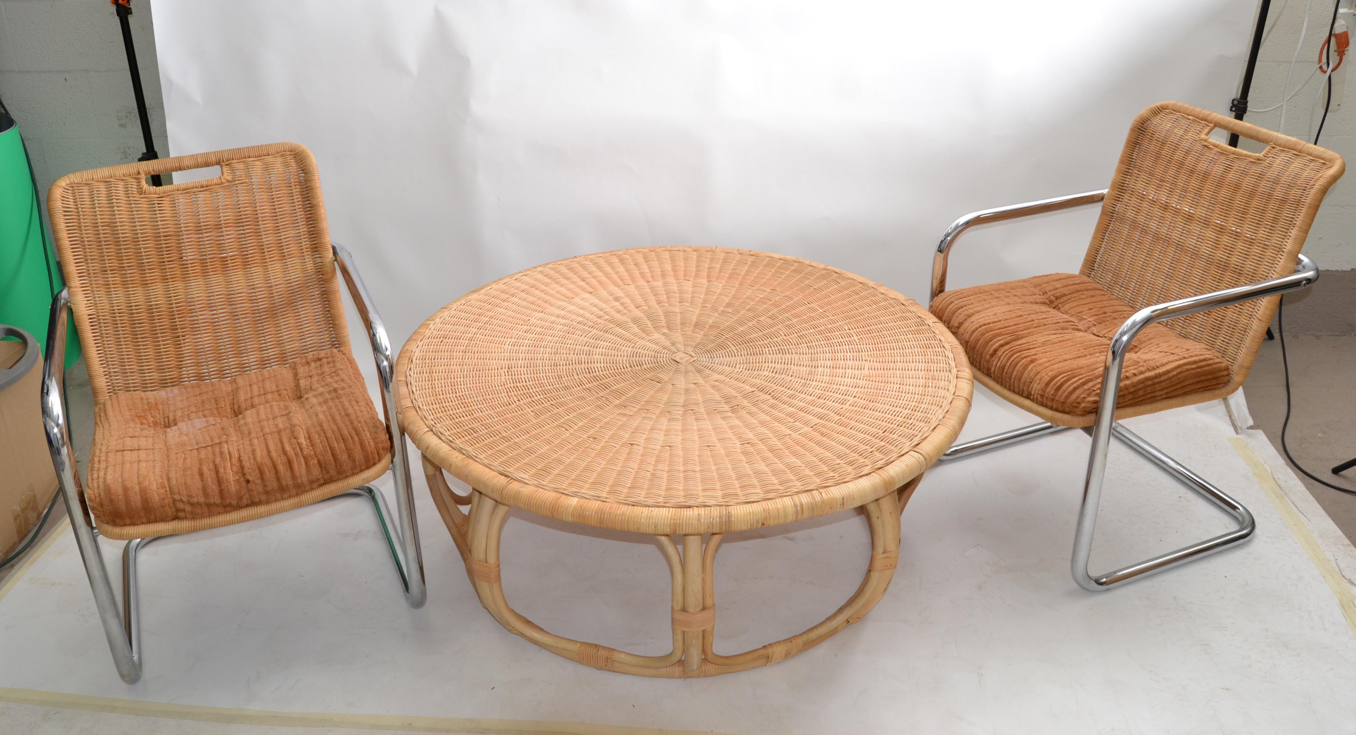 Pair Chromcraft Armchairs Brown Seat & Wicker Backrest Mid-Century Modern, 1970 6