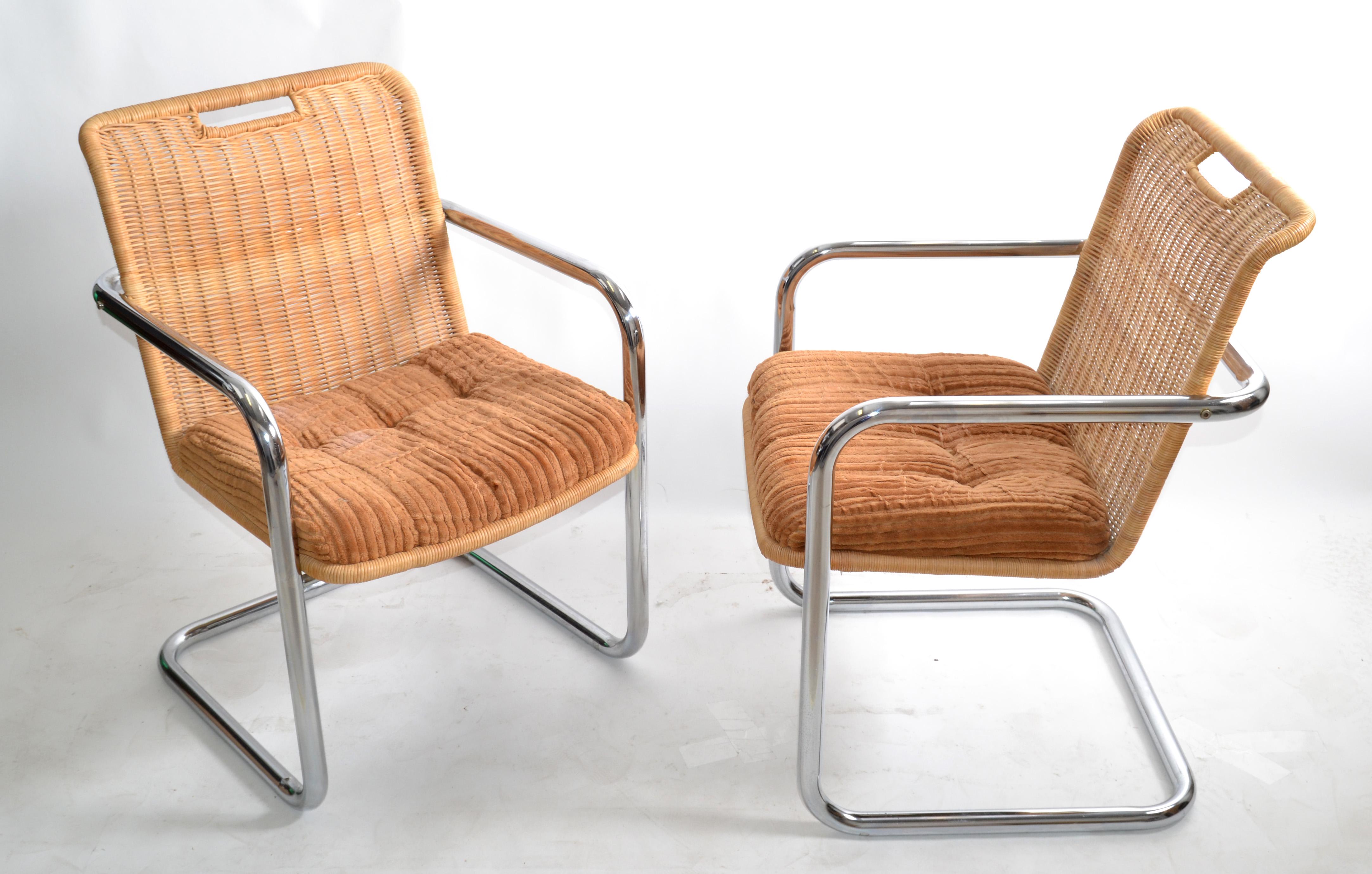 Pair Chromcraft Armchairs Brown Seat & Wicker Backrest Mid-Century Modern, 1970 7