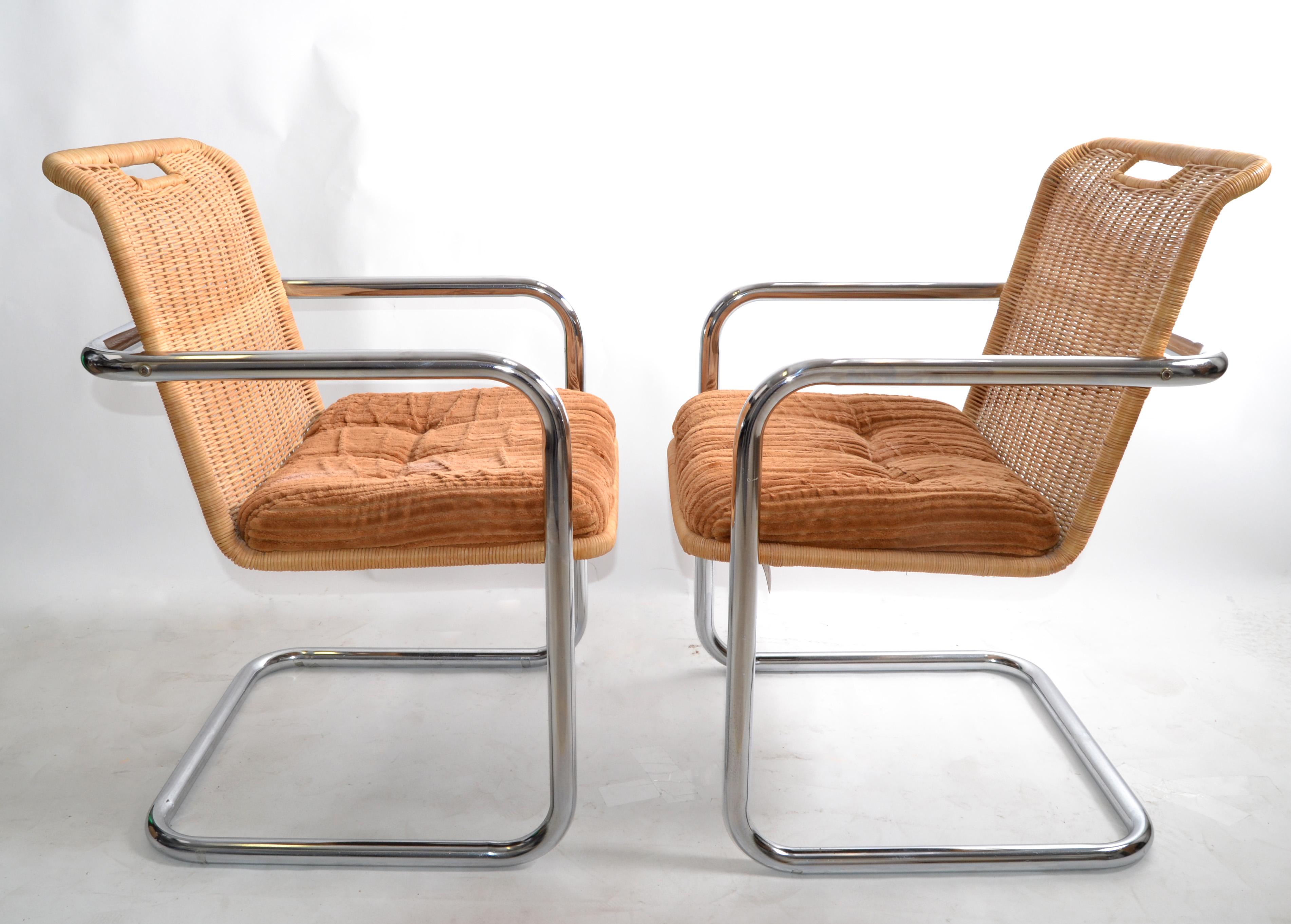 American Pair Chromcraft Armchairs Brown Seat & Wicker Backrest Mid-Century Modern, 1970
